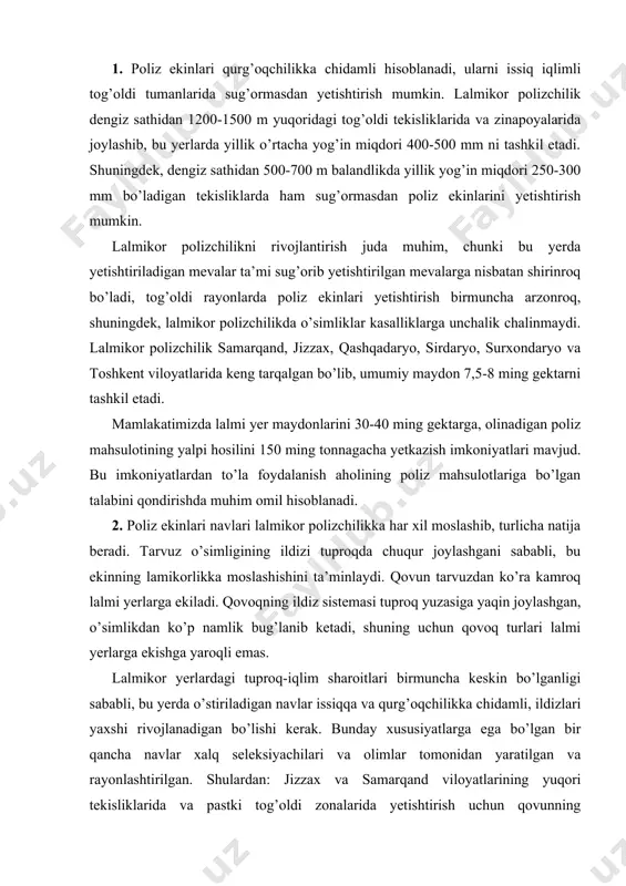 kor yerlardagi tuproq-iqlim sharoitlari birmuncha keskin bo’lganligi sababli, bu yerda o’stiriladigan navlar issiqqa va qurg’oqchilikka chidamli, ildizlari yaxshi rivojlanadigan bo’lishi kerak. bunday xususiyatlarga ega bo’lgan bir qancha navlar xalq seleksiyachilari va olimlar tomonidan yaratilgan va rayonlashtirilgan. shulardan: jizzax va samarqand viloyatlarining yuqori tekisliklarida va pastki tog’oldi zonalarida yetishtirish uchun qovunning yubileynaya, arbakeshka 1219, po’rsildoq, ichi qizil; kechpisharlaridan: gulobi bogarnaya; tog’oldi zonalarining yuqori pog’onalarida- yuqorida nomi keltirilgan navlar va shular bilan birga zarg’aldoq-gulobi navi ekishga tavsiya etiladi. qashqadaryo va surxondaryo viloyatlarining lalmi tekisliklarida qovunning bosvoldi, po’rsildoq; kechpishar navlaridan -qo’ybosh, ichi qizil, qo’ybosh 476, bogarnaya 34; tog’oldi lalmi yerlarida- yuqoridagi navlar bilan birga arbakeshka 1219, ko’kcha 588; kechpisharlardan -zarg’aldoq gulobi; qora qand navlari ekiladi. o’zbekiston g’allachilik iti olimlari lalmi yerlarda yetishtirish uchun tarvuzning quyidagi navlarini ekishga tavsiya etadi: jizzax va samarqand viloyatlarining tekisliklarida qo’ziboy bogarniy; bagaevskiy murashka, oq qo’ziboy 30, tezpishar, sputnik, tog’oldi zonasida - qo’ziboy 30, qo’ziboy bogarniy, xayit qora, sputnik, …