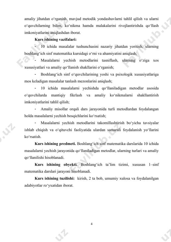 ular quyidagilardan iborat: shart, savol, ma’lum kattaliklar, noma’lum kattalik. har bir qism o‘quvchi tomonidan to‘g‘ri tushunilishi va farqlanishi kerak. shart — bu masalada berilgan asosiy ma’lumotlar to‘plamidir. bu qismda nechta son, qanday hodisalar yoki voqealar bo‘layotgani, kim nima qilgani haqida so‘z yuritiladi. masalan, “dildora 7 dona gul terdi, xadicha undan 2 taga ko‘p terdi,” kabi jumlalar masalaning shart qismini tashkil etadi. savol — bu masaladan nimani topish kerakligini bildiradigan qismdir. masalan, “xadicha nechta gul terdi?” degan jumla masalaning savol qismidir. savol o‘quvchi uchun yo‘nalish beradi — nimani hisoblash, qanday amalni bajarish kerakligini anglatadi. ma’lum kattaliklar — bu masalada son bilan berilgan ma’lumotlardir. yuqoridagi misolda 7 va 2 sonlari ma’lum kattalik hisoblanadi. ya’ni, dildoraning 7 dona gul tergani va xadichaning undan 2 taga ko‘p tergani haqida aniq ma’lumotlar bor. noma’lum kattalik — bu o‘quvchi topishi kerak bo‘lgan son yoki miqdordir. masalaning savol qismida u bevosita ifodalanadi. “xadicha nechta gul terdi?” degan …