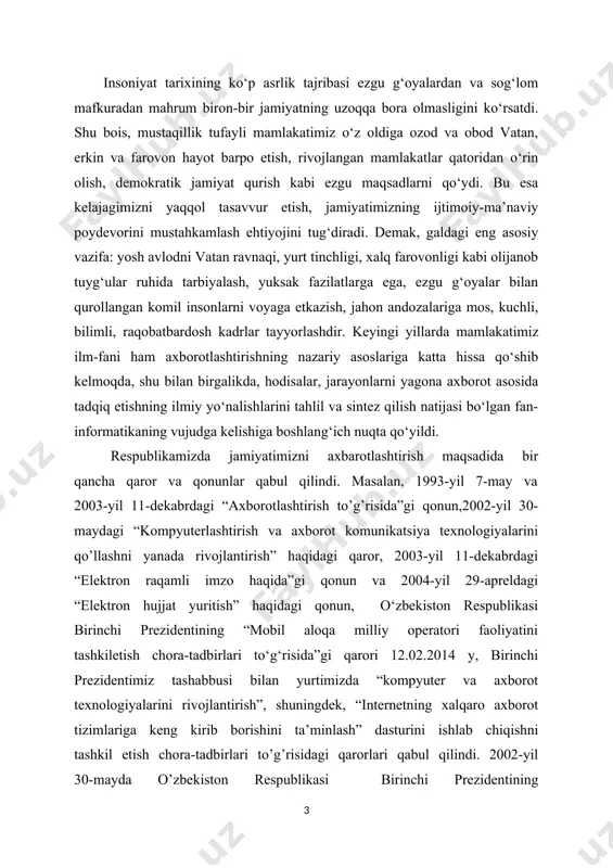 isidagi qarori e’lonqilindi. 2005 yil 2-iyunda o’zbеkiston rеspublikasi birinchi prеzidеntining “axborot tеxnologiyalari sohasida kadrlar tayyorlash tizimini takomillashtirish to’g’risida”gi qarori qabul qilindi. bu qarorlarning davomi sifatida o’zbekiston respublikasi “axborot erkinligi prinsiplari va kafolatlari to’g’risida” qonuni 2012-yil 12- dekabrda qabul qilindi. ushbu qonun 16 moddadan tashkil topgan bo’lib, unda ushbu qonunning asosiy vazifalari, axborot erkinligi prinsiplari va kafolatlari to'g'risidagi qonun hujjatlari, axborot erkinligining asosiy prinsiplari axborotning ochiqligi va oshkoraligi, axborotni olish tartibi, shaxsning, jamiyatning, davlatning axborot borasidagi xavfsizligi, shu kabi bir qator moddalarni o’z ichiga olgan. inson uchun axborotlarni to’plashda uning barcha sezgi organlari xizmat qilsa, uzoq masofadagi axborotlarni to’plash uchun bu esa yetarli emas, buning uchun maxsus texnik vositalar talab qilinadi. bugungi kunda ya’ni axborot asri bo’lmish xxi asrda o’zbekiston respublikasining butun dunyo orasida o’z mavqei, obro’-e’tiborga ega ekanligi quvonarli holdir. kurs ishining dolzarbligi: ushbu kurs ishi hozirgi kunda kompyuterda berilgan masalalarni dasturlash tillari orqali yechish va dasturda delegatlar, uning funksiyalari, …