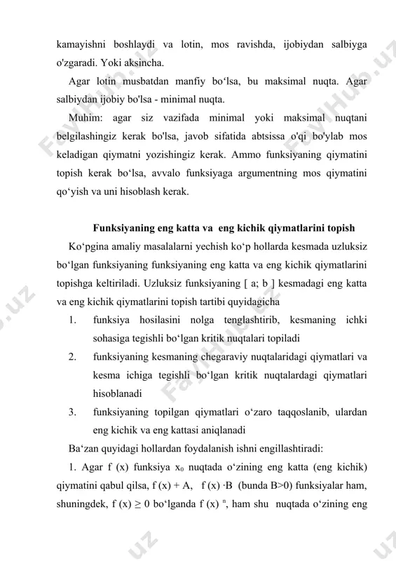 ass teoremasini isbotlab bering test savollari 1. ushbu f (x) = x2 - 3x +1,25 funksiyaning [-1;1] oraliqdagi eng katta va eng kichik qiymatini toping a) 0 b) -0,75 c) 5,25 d) 6,25 e) 4 2. 2. ushbu 25 funksiyaning [-1;1] oraliqdagi eng katta va eng kichik qiymatini toping a) b) 0 c) d) e) 3. ushbu y = x2 -2x +5 funksiyaning [0;1] kesmadagi eng katta qiymatini toping a) 5 b) 4 c) -2 d) 0 e) 6 4. f (x) = sin2x +2 cosx funksiyaning kesmadagi eng kichik qiymati topilsin a) 0 b) -2 c) -1,5 d) -3 e) -0,5 5. agar m >0 , n >0 va m + n = 16 bo‘lsa, mn ning eng katta qiymatini toping a) 62 b) 72 c) 64 d)60 e) 66 6. funksiyaning x=3 nuqtadagi hosilasini aniqlang a) 0 b) 3 c) 27 d) 9 7. ni toping a) b) …
