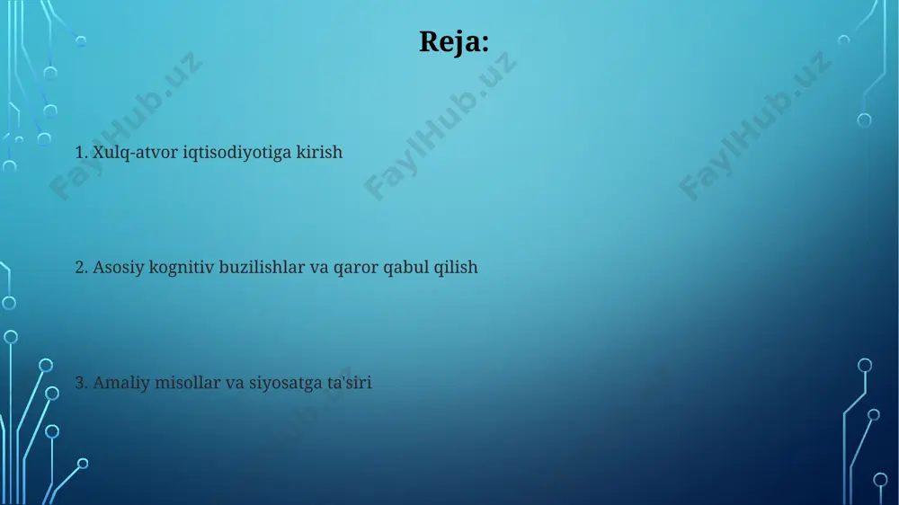 tishning hissiy ta'sirini taxminan 2-2.5 barobar kuchliroq his qilishadi, shu sababli 100 ming so'm topishdan ko'ra 100 ming so'm yo'qotish ko'proq azob beradi. axloqiy xulq-atvor iqtisodiyoti axloqiy xulq-atvor iqtisodiyoti resurslarni samarali taqsimlashni hisobga olgan holda, adolat va tenglik kabi axloqiy tamoyillarni o'rganadi. u 1970-yillarda rivojlana boshlagan va hozirda keng tarqalgan. axloqiy xulq-atvor iqtisodiyoti utilitarizm, deontologiya va fazilat axloqi kabi turli axloqiy nazariyalarni iqtisodiy modellarga integratsiya qiladi. bu xulq-atvor iqtisodiyotining bir qismi sifatida qaraladi. kognitiv buzilishlar aqliy buzilishlar kognitiv buzilishlar, masalan, anchoring bias, odamlarni dastlabki 1 ta ma'lumotga juda bog'lanib qolishiga olib keladi, bu esa keyingi qarorlarni buzadi. xulq-atvor iqtisodiyoti siyosatda "nudge" nazariyasi xulq-atvor iqtisodiyotining siyosiy qo'llanilishida muhim rol o'ynaydi; bu 5% dan 10% gacha odamlarning xatti-harakatlariga sezilarli ta'sir ko'rsatish uchun yumshoq turtki beradi. xulq-atvor iqtisodiyoti siyosatchilarga odamlarning qaror qabul qilishidagi kognitiv buzilishlar (masalan, 1-variant tizimi)ni hisobga olgan holda samaraliroq siyosat yaratishga yordam beradi. holat-kvoning tarafkashligi holat-kvoning tarafkashligi mavjud variantni, ayniqsa, …