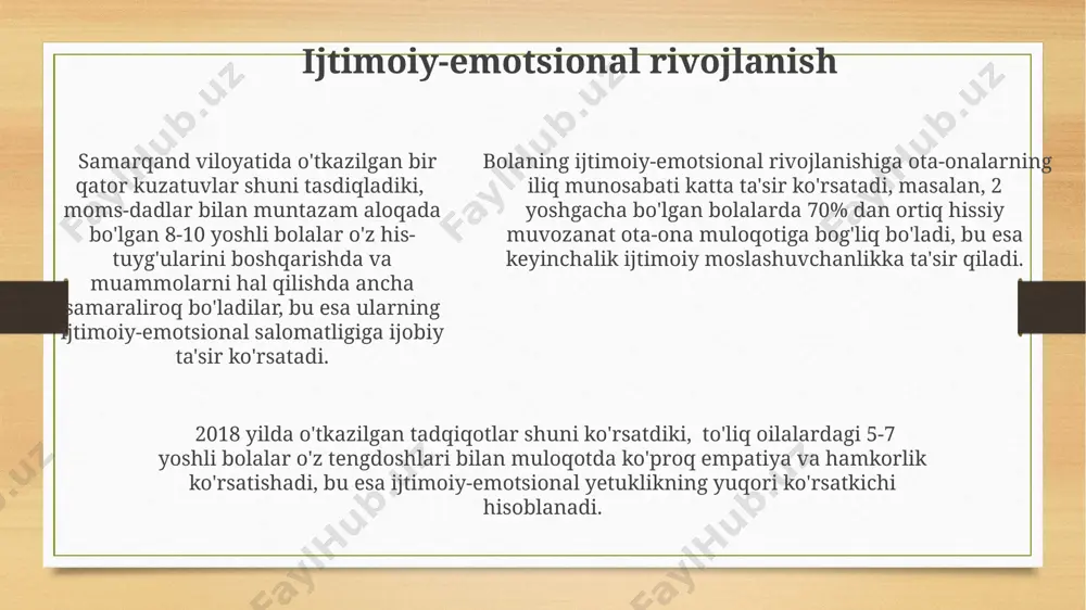 azilgan sotsiologik so'rovnoma shuni ko'rsatdiki, ota-onalar bilan muntazam muloqot qiluvchi bolalarning intellektual rivojlanishi 15 ballga yuqori bo'lgan. ota-ona mehrining etishmasligi, psixologlar fikricha, bolaning hissiy-ruhiy rivojlanishiga salbiy ta'sir ko'rsatib, keyinchalik 10-15 yosh oralig'ida depressiya xavfini oshiradi. davlat siyosati va dasturlari "соғлом она – соғлом бола" дастури доирасида 2023 йилда 500 мингдан ортиқ аёлга бепул тиббий хизматлар кўрсатилди, шу жумладан самарқанд вилоятидаги аёлларга скрининг текширувлари ўтказилди. фарғона водийсидаги оилавий таълим марказларида 2024 йил учун 3000 нафардан ортиқ ота-онага бола тарбияси бўйича малака ошириш курслари ташкил этилиши режалаштирилган. ўзбекистон республикасининг 2022 йилдаги давлат бюджетида 15 триллион сўмдан ортиқ маблағ оналик ва болаликни муҳофаза қилишга йўналтирилган бўлиб, бу маблағлар тошкент шаҳри ва вилоятлардаги тиббиёт муассасаларини модернизация қилишга сарфланган. ona va otaning rollari jahon sog'liqni saqlash tashkilotining (jsst) tadqiqotlariga ko'ra, bolaning sog'lom ruhiy va jismoniy rivojlanishi uchun ona va otaning muvozanatli ishtiroki juda muhim bo'lib, kamida 10 soatlik haftalik vaqt ajratish tavsiya etiladi. o'zbekiston sog'liqni …