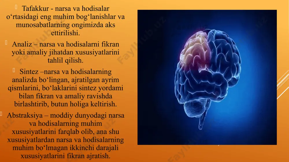 chishda turli obrazlarni, hodisalar va jismlar haqidagi tasavvurlarni tahlil qilishida, qiyoslashtirishida, umumlashtirishida namoyon bo‘ladi. hozirgi kunda fan tafakkurni rivojlantirish masalasiga alohida e’tibor qaratgan. amaliyotda tafakkurni rivojlantirishning filogenetik, ontogenetik va tajribaviy yo‘nalishlari mavjud. filogenetik yo‘nalish insoniyat tarixiy rivojlanish jarayonida inson tafakkuri rivojlanishi va takomillashishini o‘rganishni taqazo etadi. ontogenetik yo‘nalish bir odamning hayotiy jarayoni asosiy bosqichlarining rivojlanishi bilan bog‘liq. o‘z navbatida, tajriba yo‘nalishi tafakkurni tajribada tadqiq etish muammolari va aqlning alohida, sun’iy tashkil etilgan sharoitlarda rivojlanish imkoniyati bilan bog‘liq. amaliy tafakkur tajriba, amaliy harakatlar asosida amalga oshiriladi va aniq vazifalarni bajarishga qaratilgan, nazariy – tajriba bilan ish ko‘rmasdan tushunchalardan foydalanadi. diskursiv tafakkur – kengaytirilgan tafakkur, ichki sezgi kechishining tezligi, aniq ifodalangan bosqichlarning mavjud emasligi, oz darajada anglanganligi bilan xaraterlanadi. ontogenetik yo‘nalish bir odamning hayotiy jarayoni asosiy bosqichlarining rivojlanishi bilan bog‘liq. o‘z navbatida, tajriba yo‘nalishi tafakkurni tajribada tadqiq etish muammolari va aqlning alohida, sun’iy tashkil etilgan sharoitlarda rivojlanish imkoniyati bilan bog‘liq. foydlanilgan adabiyot …