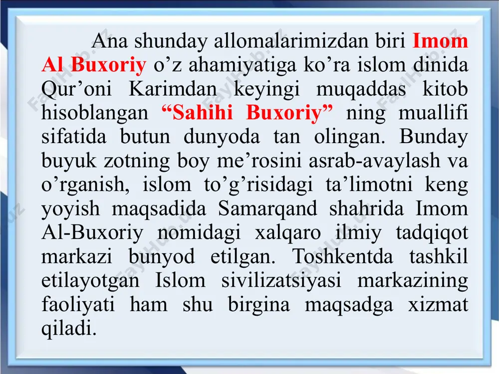 addas asardan keyingi o’rinda turuvchi mo’tabar manbadir. hadislar muhammad s.a.v hayoti va faoliyati, shuningdek, uning turli sharoitlarda diniy, falsafiy, axloqiy-ta’limiy mavzularda aytgan xilma -xil fikirlari, ko’rsatmalari yoki munosabatlarini aks ettiradi. hadislarning yuzaga kelishi uch omil bilan ko’rsatiladi 1.payg’ambarimiz s.a.v tomonidan ko’rilgan yoki kuzatilgan ishning ta’qiqlanmagani. 2. paygambarimiz s.a.v tomonidan aytilgan gaplar. 3. payg’ambarimiz s.a.v ning qilib ko’rsatgan ishlari. ana shu 3 holatning har biri sunnat diyiladi “sunnat” arabcha so’z bolib, uning lug’aviy ma’nosi “yo’l, ravish, odat” demakdir. istilohiy ma’noda esa muhammad s.a.v ning qoldirgan urf-odatlari tushuniladi. ularni bajarishlik vojibdir. ularda islom diniga oid tushinchalar va ularning talqini, xususan, farz, vojib, sunnat, halol, harom, makruh kabi tushunchalarning ma’no qamrovi, izohi o’z aksini topgan. hadislarning asosiy katta qismi axloq-odob masalalariga, inson ma’naviyati bilan bog’liq muammolarga qaratilgan. shuning uchun ham hadislar eng qadimgi davrlardan ya’ni payg’ambarimiz s.a.v zamonidayoq juda katta ahamyatga ega bo’lgan imom al-buxoriy o’z hayotini mana shu hadis ilmini o’rganishlikka, uni …