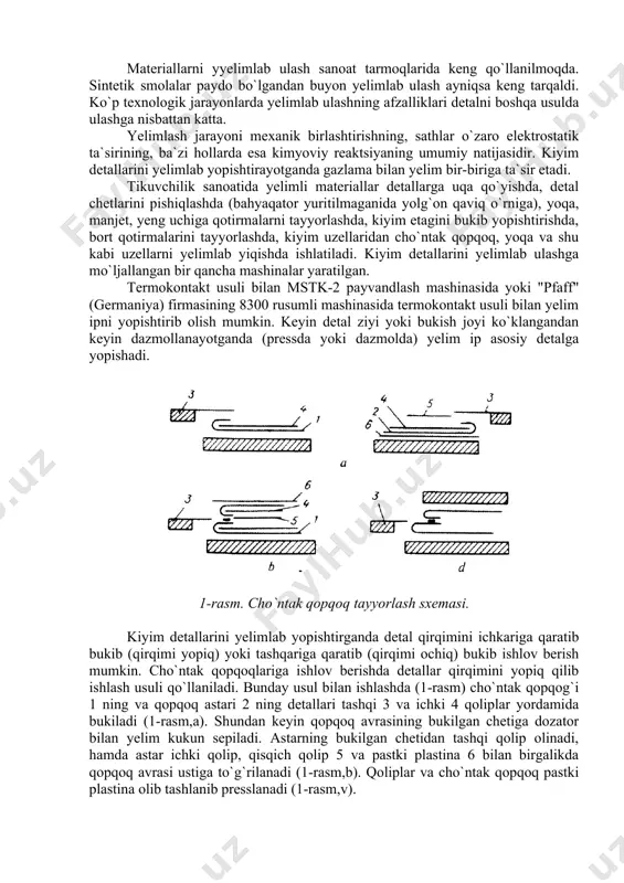 ). shundan keyin qopqoq avrasining bukilgan chetiga dozator bilan yelim kukun sepiladi. astarning bukilgan chetidan tashqi qolip olinadi, hamda astar ichki qolip, qisqich qolip 5 va pastki plastina 6 bilan birgalikda qopqoq avrasi ustiga to`g`rilanadi (1-rasm,b). qoliplar va cho`ntak qopqoq pastki plastina olib tashlanib presslanadi (1-rasm,v). 2-rasm. eng tayyorlash sxemasi. qirqimi ochiq usulda detallarni bukib ishlash yeng uchini, ort bo`lak kesimini, yoqani ishlashda qo`llaniladi. yeng uchi qirqimi ochiq usulda bukib ishlanganda oldin yelim plyonka yeng qotirmasining bir tomoniga uning yuqori qirqimidan 0,2 sm masofaga va ikkinchi tomoniga pastki qirqimidan 1,5-2 sm masofaga joylashtirib qo`yiladi. yeng (2-rasm, 3) pressning ostki yostig`i 1 ga, teskari tomoni yuqoriga qilib qo`yiladi. bunda yengning yon va uch qirqimlari qo`zg`almas tayanch bo`ylab to`g`rilanadi. engning ustiga eng qotirmasi 4 qo`yiladi. bunda qotirmaning yuqori qirqimi yaqinidagi plyonka pastga qaratib qo`yiladi. ichki qolip 5 engni bosib tushgandan keyin, tashqi qolip 2 yengning uchini va kesimini bukadi. keyin ichki qolipni …