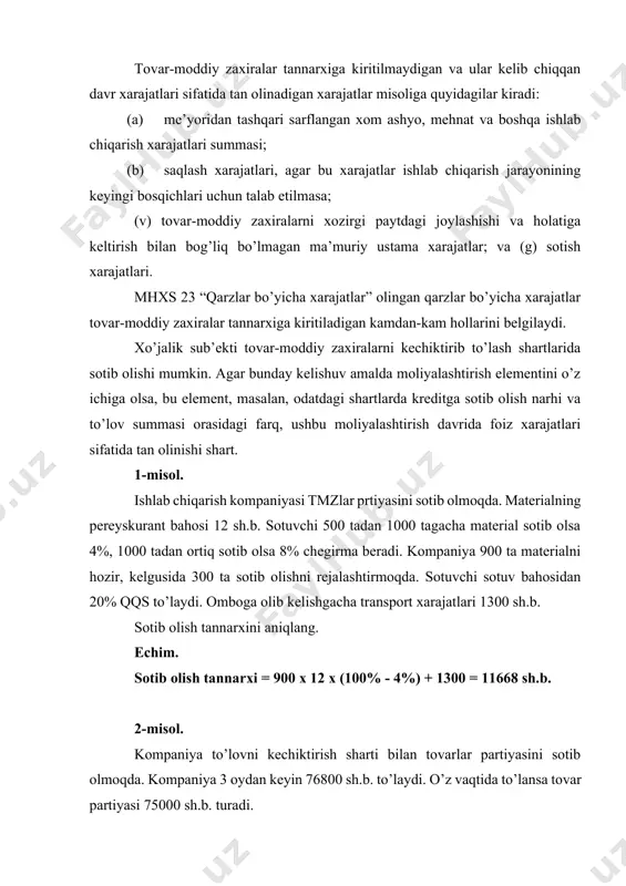 ansport xarajatlari 1300 sh.b. sotib olish tannarxini aniqlang. echim. sotib olish tannarxi = 900 x 12 x (100% - 4%) + 1300 = 11668 sh.b. 2-misol. kompaniya to’lovni kechiktirish sharti bilan tovarlar partiyasini sotib olmoqda. kompaniya 3 oydan keyin 76800 sh.b. to’laydi. o’z vaqtida to’lansa tovar partiyasi 75000 sh.b. turadi. 1. sotib olishdagi provodka: dt xom ashyo va materiallar (m2010) 75000 kt mol yetkazib beruvchilarga to’lanadigan schyoilar (m6010) 75000 2. oylik xarajatni tan olish (foiz xarajatlari) dt foiz xarajatlari (m9610) 600 kt mol yetkazib beruvchilarga to’lanadigan schyoilar (m6010) 600 (76800-75000)/3 oy = 600 sh.b. 3-misol. kompaniya olti oy davomida oyiga 90000 ish soat me’yorini o’rnatdi. oylik ishlab chiqarish ustama xarajatlari 144000 sh.b. kompaniya 1 oyda 80000 ish soat, 2 oyda 105000 ish soat ishladi. ishlab chiqarish ustama xarajatlarini taqsimlang: 1. birinchi oy uchun taqsimlanmagan ustama xarajatlarni foyda va zararga hisobdan chiqariladi: dt sotish tannarxi (m9110) yoki dt boshqa operatsion xarajatlar …