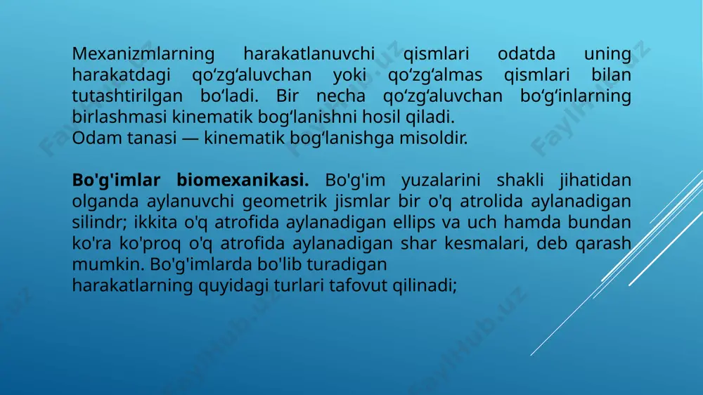 a bilak ichkariga burash — pronatsiya harakati bilan tashqariga burash — supinatsiya harakatini bajaradi). 2. g'altaksimon yoki chig'irsimon bo'g'im (masalan, barmoqlar falangaaro bo'g'imlari) bunday bo'g'imda frontal o'q atrofida harakatlar bo'lib turadi (bukish va yozish). ikki o'qli bo'g'imlar. 1. ellipssimon bo'g'im (masalan, bilak-kaft, ya'ni bilakuzuk bo'g'imi), bunda bir-biriga tik ikkita gorizontal o'q atrofida: frontal o'q bilan (bukish va yozish) sagittal o'q atrofida (uzoqlashtirish va yaqinlashtirish) harakatlar bo'lib turadi. 2. do'ngli bo'g'im (masalan, tizza bo'g'imi). 3. egarsimon bo'g'im (masalan, i barmoqning kaft usti kaft bo'g'imi); bunday bo'g'imda bir-biriga tik ikki o'q atrofida: frontal o'q bilan (bukish va yozish) sagittal o'q atrofida (uzoqlashtirish va yaqinlashtirish) harakatlari bo'lib turadi. ko'p o'qli bo'g'imlar. 1. sharsimon bo'g'imlar (masalan, yelka bo'g'imi). bularda bir-biriga tik bo'lgan va boshchasining markazida bir-biri bilan kesishadigan uchala asosiy o'q tafovut qilinadi. sharsimon bo'g'im barcha bo'g'imlarning eng erkini hisoblanib, unda oldinga va orqaga bukish, uzoqlashtirish va yaqinlashtirish, ichkariga va tashqariga aylantirish harakatlari bo'lib …