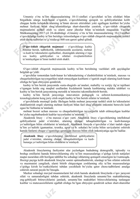 ha ta’lim muassasalarini ta’minlash; oltinchidan, zamonaviy pedagogik texnologiyalar va metodlarni hisobga olgan holda bolalarni tarbiyalash va har tomonlama rivojlantirish masalalarini professional darajada hal etishga qodir bo’lgan maktabgacha ta’lim muassasalari rahbar va pedagog kadrlarini qayta tayyorlash va malakasini oshirish; ettinchidan, maktabgacha ta’lim muassasalari xodimlarini moddiy rag’batlantirish tizimini yaratish va tajribali yuqori malakali va kasbiy jihatdan puxta tayyorlangan pedagog kadrlar hamda tarbiyachilarni ta’lim-tarbiya jarayoniga jalb qilish; sakkizinchidan, maktabgacha ta’lim muassasalari tarbiyalanuvchi-larining ratsional va belgilangan me’yorlar asosida sog’lom va to’g’ri ovqatlanishini ta’minlash uchun munosib sharoitlar yaratish, ko’ngilochar va bilim beruvchi mashg’ulotlar elementlari bo’lgan, hajmlari va intensivligi asosiy tibbiy taqdimnomalar bilan belgilanuvchi serharakat o’yinlar va mashqlar uyushtirish; to’qqizinchidan, o’zbekiston respublikasi sog’liqni saqlash vazirligi bilan birgalikda maktabgacha ta’lim muassasalarida bolalarga tibbiy xizmat ko’rsatish hamda ularning hayoti va sog’lig’ini himoya qilish bo’yicha profilaktika chora-tadbirlarini muvofiqlashtirish. o’zbekiston respublikasi prezidentining 2017-yil 30-sentabrdagi «o’zbekiston respublikasi xalq ta’limi vazirligi faoliyatini takomillashtirish to’g’risida»gi pq-3304-son qarori qabul qilindi. o’zbekiston respublikasi prezidentining 2017-yil …