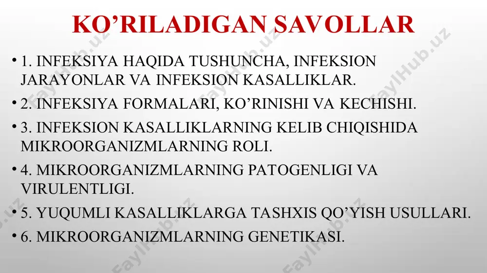 ida boʼlishi mumkin. virulentlik- shtamm belgisi boʼlib, bu xususiyatni miqdoriy xisoblash mumkin. virulentlik patogenlikni fenotipdagi koʼrinishi hisoblanadi. odam to`qimasiga kirishi (virulentlik faktorlari) 1. adgeziya – mikroorganizmning o‘zi sezuvchan hujayraga yopishib olishi, ya’ni adsorbstiyalanish xususiyatiga aytiladi. bu jarayon mikrob hujayrasining tashqi strukturasiga (xivchinlariga, kiprikchalariga) va makroorganizm hujayrasidagi retseptorlarga borliq bo’ladi. bu faktorlar - bakteriyalarni kiprikchalari, adgeziv oqsillari, gram manfiy bakteriyalarda polisaxaridlar, gram musbat bakteriyalarda teyxoy kislotasi, viruslarda maxsus superkapsid oqsillari, glikoproteinlar kiradi 2. kolonizastiya – bakteriyalarning shilliq qavat va hujayra yuzalarida koʼpayib yigʼilib qolish xususiyati. bu protsess hujayra yuzasi va hujayra ichida bo`lishi mumkin. hujayra yuzasida, masalan, xolera vibrioni enterotsitlar yuzasiga yopishib olib ko`payadi. hujayra ichida, masalan, dizenteriya tayoqchasi ysheg‘on ichak hujayralarida ko`payadi. 3. penetratsiya – hujayralarga kirish qobilyati. odam to`qimasiga kirishi (virulentlik faktorlari) 4. invazivlik – toʼqimalardan oʼtish va tarqalish qobilyati. bu protsess mikroblarning fermentlar ishlab chiqarib, to`qimalarning o‘tkazuvchanligini buzishi yoki oshirib yuborish qobiliyati bilan bog’liq. bunday fermentlarga kiradi: a) …