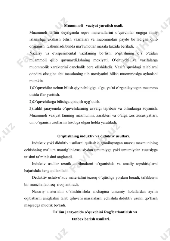 slar quyidagi umumiy didaktiv talablarga javob berishi kerak. 1)har bir dars ma’lum bir maqsadni amalga oshirishga qaratilgan va puxta reja asosida bo’lmog’i lozim. 2)har bir dars mutsahkam g’oyaviy-siyosiy yo’nalishga e’ga bo’lmog’i kerak. 3)har bir dars turmush bilan, amaliyot bilan bog’langan bo’lmog’i kerak 4)har bir dars xilma-xil usul, uslub va vositalardan foydalanilgan bo’lmog’i kerak 5)darsga ajratilgan vaqtdan tejamli foydalanish kerak 6)har bir dars o’qituvchi va o’quvchilarning faolligi bilan ta’minlanishi lozim. 7)ko’rsatmali qurollar bo’lmog’i lozim. 8)dars umumiy barcha o’quvchilarga olib borilishi bilan birga har bir o’quvchining o’ziga xolligi hisobga olinishi kerak. 9)har bir darsda mavzuning xarakteridan kelib chiqib,xalqimizning boy pedagogik merosidan keng foydalanish lozim. sinf dars shaklidagi dars turlari va ularning tuzilishi. bir soatlik darsga mo’ljallangan datsur materiallarining mazmunini bayon e’tish uchun didaktik maqsad va talablarga muvofiq ravishda tashkil qilingan mashg’ulot turi dars turi deyiladi. quyidagi dars turlari mavjud. 1)yangi bilimlarni bayon qilish darsi. 2)o’tilgan materiallarni mutsahkamlash darsi. 3)o’quvchining bilim malaka va …