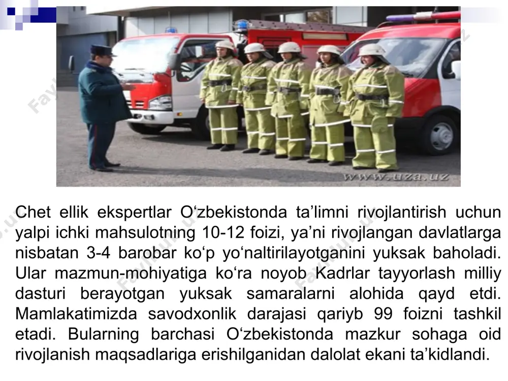 katimizda 66 yoshdan 73,5 yoshga yetdi. ushbu ko‘rsatkichlar mamlakatimizning ijtimoiy-iqtisodiy sohalardagi yutuqlarining yorqin ifodalaridandir. “o‘zbekiston davlat organlari va jamoat tashkilotlarining, xususan, joylarda mrmga erishish borasidagi yaqin va samarali hamkorligi yuksak natijalar bermoqda, – dedi “save the children” xalqaro tashkilotining o‘zbekistondagi filiali direktori son jeong baye (janubiy koreya). – mamlakatingiz nntlari bilan birgalikda mazkur vazifalarga to‘liq mos “obod turmush yili” davlat dasturini hayotga tatbiq etishda ishtirok etish imkoniyatiga ega bo‘lganimizdan mamnunmiz. tabiiy ofatlar, vafqulodda vaziyatlar ko’pchilikni shoshirib qo’yadi. bunday vaziyalarda to’g`ri harakatlanish, o’zini tutish qoidalarini yaxshilab o’rganib olish darkor. to’satdan yuz bergan vaziyalarning salbiy oqibatini oldindan bilib bo’lmasligi xatto ular borasida yaxshi tayyorgarlik ko’rgan mamlakatlarni ham shoshirib qo’yadi. buni yaponiya misolida ham ko’rish mumkin. aholini va hududlarni favqulotda vaziyatlardan muhofaza qilishining qonuniy asosalrini o’z. res. prezidentining farmonlari. o’z.res qonunlari, vazifalari mahkamasining qarorlari va favqulotda vaziyatlar vazirligining ko’rsatma va buyruqlari tashkil etadi. aholini va hududlarni favqulotda vaziyatlardan muhofaza qilishning mohiyati va asosi. …