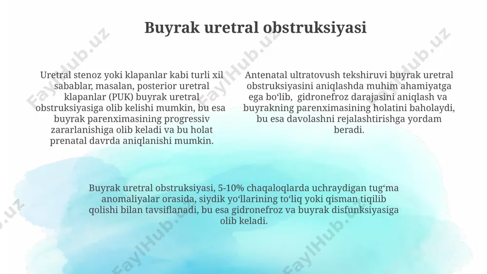 omaliyalardan biri ekanligini ko'rsatadi. gidronefrozning rivojlanishida obstruktsiya darajasi va muddati muhim rol o'ynaydi, masalan, 5 mm dan katta siydik yo'llarining dilatatsiyasi gidronefrozga olib kelishi mumkin. buyrak to'qimalarining ektopik joylashuvi ektopik buyraklarning 90% dan ortig'i bitta buyrak bo'lib, ularning hajmi va shakli normal buyrakdan farq qilishi mumkin, shu bilan birga siydik yo'llarining rivojlanish anomaliyalari bilan birga kechishi mumkin. buyrak to'qimasining ektopik joylashuvi diagnostikasida rentgenografiya, ultratovush tekshiruvi va kt kabi tasviriy diagnostika usullari muhim rol o'ynaydi, bu esa patologiyani aniqlash va davolash taktikasini rejalashtirishga yordam beradi. buyrak to'qimalarining ektopik joylashuvi, ya'ni 1% dan kam hollarda uchraydigan anomaliya, ko'pincha lombalar mintaqasida yoki tos suyagida kuzatiladi va bu holatda buyrakning funksiyasi buzilishi mumkin. kirish tugʻma buyrak anomaliyalarining taxminan 5-10% hollarda ikki tomonlama boʻlib, buyrak funksiyasining jiddiy buzilishiga olib kelishi mumkin. buyrak kasalliklarining radiologiyasida tugʻma buyrak anomaliyalari 100 dan ortiq turdagi morfologik oʻzgarishlarni oʻz ichiga oladi, ularning 20%i klinik jihatdan sezilarli. ultrasonografiya, kt va mrt …