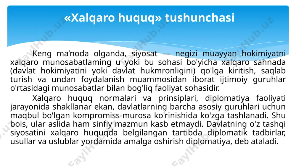 id huquq endilikda ma’lum darajada diplomatik aloqalar to'g'risida vena konvensiyasi (1961-yil) bilan kodifikatsiyalangan. «xalqaro huquq» atamasining ma’nosi tashqi aloqalar bo'yicha davlat organlarining maqomi va funksiyalariga taalluqli (boshqacha qilib aytganda, davlatlararo rasmiy munosabatlami o'rnatish va amalga oshirish tartibini me’yorga solib turuvchi) xalqaro-huquqiy normalar tizimi xalqaro-huquqiy amaliyotda diplomatik huquq, deb ataladi. diplomatik huquq normalariga quyidagilar kiradi: birinchidan, diplomatik vakolatxonalar almashish va ularning faoliyati bilan bog'liq holda yuzaga keladigan davlatlararo munosabatlarni tartibga soluvchi normalar; ikkinchidan, bir davlat tomonidan boshqasiga maxsus missiyalar, shu jumladan, u yoki bu tashqi siyosiy masalani hal etish uchun delegatsiya yoxud vakil yo'llash bilan bog'liq holda yuzaga keladigan munosabatlarni tartibga soluvchi normalar; uchinchidan, davlatlaming xalqaro tashkilotlarga vakillik qilishi hamda u yoki bu davlat hududida xalqaro tashkilotlaming faoliyat yuritishi bilan bog'liq holda yuzaga keladigan munosabatlarni tartibga soluvchi nomalar, shu jumladan, xalqaro tashkilotlar, xalqaro doiradagi mansabdor shaxslar va xizmatchilar imtiyozlari hamda immunitetiga doir normalar; to‘rtinchidan, keyingi yillarda diplomatik huquqqa konsullik huquqini kiritish …