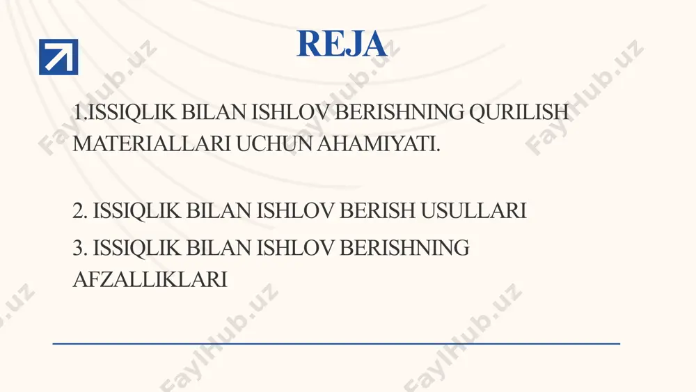 rakli elastiklik yoki qattiqlik berish. issiqlik bilan ishlov berish usullari issiqlik bilan ishlov berishning afzalliklari issiqlik bilan ishlov berish qurilish materiallariga qator foydali xususiyatlar beradi. quyida ushbu jarayonning asosiy afzalliklari keltirilgan: 🔹 1. mustahkamlikni oshiradi issiqlik ishlovi materiallarning ichki tuzilmasini o‘zgartirib, ularni yanada kuchli va qattiq qiladi. masalan, pishirilgan g‘isht va sinterlangan plitkalar oddiy holatdagiga qaraganda ancha bardoshlidir. issiqlik bilan ishlov berishning afzalliklari uzoq xizmat qilish muddatini ta'minlaydi issiqlik bilan ishlov berilgan materiallar vaqt o‘tishi bilan kamroq yemiriladi, chiriydi yoki sinadi. bu esa binolarning umumiy xizmat muddatini uzaytiradi. xulosa issiqlik bilan ishlov berish — qurilish materiallarining sifatini oshirishda muhim texnologik jarayondir. bu usul orqali materiallarning mustahkamligi, chidamliligi, suv va haroratga bardoshliligi sezilarli darajada yaxshilanadi. natijada, binolar ishonchli, uzoq xizmat qiladigan va estetik jihatdan jozibador bo‘ladi. shu sababli, issiqlik bilan ishlov berish zamonaviy qurilish sanoatida keng qo‘llaniladi. foydalanilgan adabiyotlar t.a. jo‘rayev, m.k. raximov – qurilish materialshunosligi, toshkent: o‘zbekiston milliy ensiklopediyasi, 2019. …