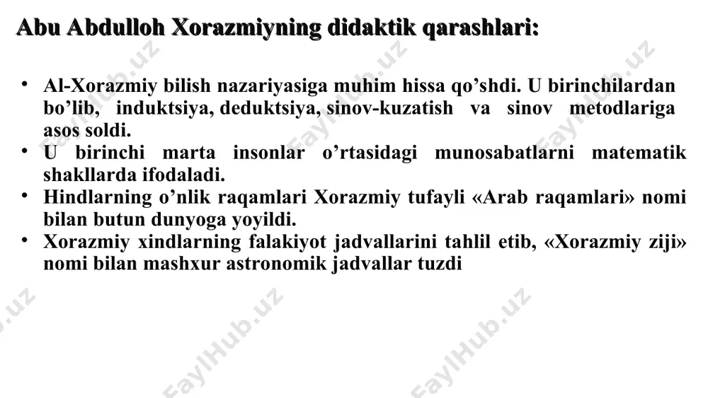 iya” jome’ masjidi, “shifoiya” davolash uyi, “safoiya” hammomi, va ular qoshiga toshhovuz qurdiradi. binokorlik ishlari hirotning qator mohir me’mor, muhandis, banno va naqqoshlari tomonidan bajariladi. “ixlosiya” madrasasi va “xolisiya” xonaqohida bir necha ming kishi istiqomat qilib, fan, adabiyot va san’at bilan mashg’ul bo’lgan. o’sha davr tarixchisi xondamirning yozishicha “xolisiya” xonaqohida har kuni zaifa saqlab qolish, fursat boy berilgan davrlarda esa istiqlol uchun xalqimiz birdamlik bilan oyoqqa turdi, “yo hayot, yo mamot” shiori ostida qahramonona kurashdi. navoiyning o’qituvchi (mudarris) to’grisidagi fikrlari. mudarris kerakki, g’arazi mansab bo’lmasa va bilmas ilmni aytishga urinmasa, manmanlik uchun dars berishga havas ko’rgazmasa va olg’irlik uchun gap-so’z va g’avg’o yurgizmasa, nodonlikdan sallasi katta va pechi uzun bo’lmasa, gerdayish uchun madrasa ayvoni boshi unga o’rin bo’lmasa. ... yaramasliklardan qo’rqsa va nopoklikdan qochsa, nainki, o’zini olim bilib, necha nodonga turli xil fisq ishlarni mumkin, balki halol qilsa, qilmas ishlarni qilmoq uchun sodir bo’lsa va qilar ishlarni qilmaslik unga qoida …