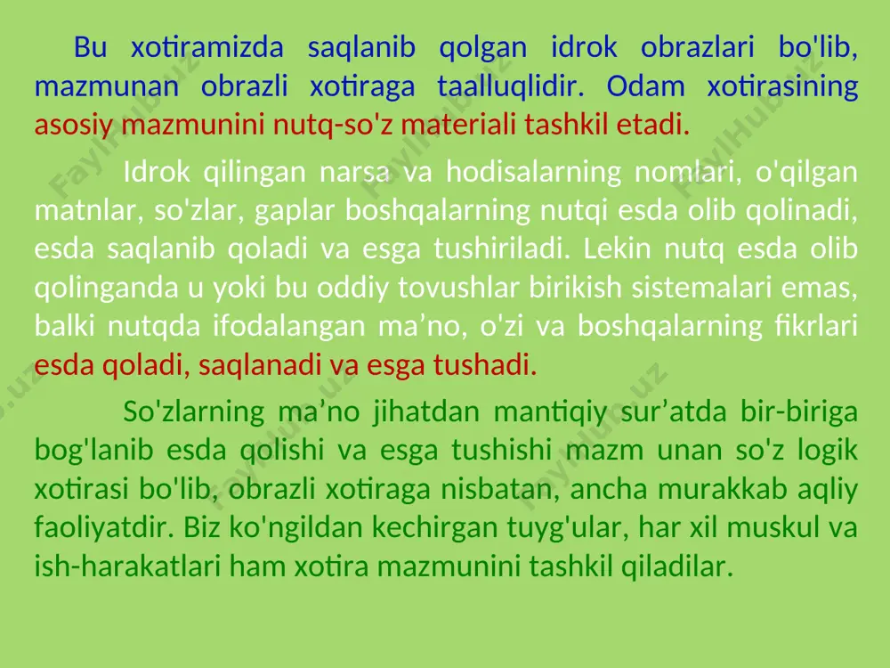dan keyin 7 kundan keyin i – usulda 8 % 5 % (faqat ko‘z bilan) ii – usulda 65 % 33,3 % (ko'z va quloq bilan) iii – usulda 69 % 40,0 % (ko'z, quloq va muskul ishtiroki bilan) 3. esga tushirish va uning xillari. o‘tmishda idrok qilingan narsalarning his-tuyg‘u, fikr va ish-harakatlarning ongimizda qaytadan tiklanishini esga tushirish deyiladi. esga tushirishning nerv-fiziologik asosi bosh miya po'stida ilgari hosil bo’lgan nerv bog'lanishlarining qo‘zg‘alishidir. esga tushirishning: tanish, eslash, bevosita eslash, oradan ma’lum bir vaqt o'tkazib eslash, ixtiyorsiz va ixtiyoriy eslash kabi xillari bo’ladi. tanish va eslash. ilgari idrok qilingan narsa va hodisalarni takror idrok qilganda, u narsa yoki hodisa esga tushadi, ana shuni tanish deymiz. oshnamizni yoki uyni tanish deganimizda, buning ma’nosi biz shu oshnamizni yoki uyni ilgari ko'rganimizda hosil bo’lgan obraz, his va fikrlarning oshnamizni yoki uyni ikkinchi ko'rganimizda ongimizda tiklanishi demakdir. tanish aniq (to’liq) va noaniq (yarim-yorti) bo’lmog’i mumkin. yarim …