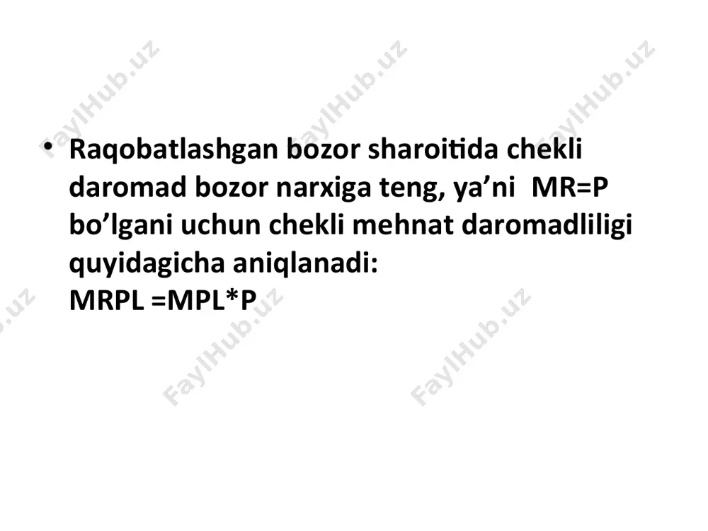 ’ni undan foydalanish muddati mavjud bo’lib, u chegaralangan bo’ladi. asosiy kapital xizmat ko’rsatish muddati davomida firma uchun daromad keltiradi. * faraz qilaylik, i - investitsiyani chekli qiymati, rj – j -xizmat ko’rsatish yilida asosiy kapitaldan olinadigan chekli (qo’shimcha) daromad. u holda birinchi yil uchun ( j=1 ) kapitalning chekli oqlash normasini quyidagi formula orqali hisoblash mumkin: i * (1 + r ) = rj * agar chekli kapital qiymati 1000 so’m va chekli kapitalning bir yildan keyin umumiy foydaga qo’shadigan chekli hissasi 1300 so’m bo’lsa, chekli oqlash normasi quyidagiga teng. (1) formuladan foydalanib yozamiz: r=rj – i / i = 1300-1000/1000 * 100%=30% bugungi bir so’mlik kapital qiymati yil oxirida 1*(1+0.3)=1.3 so’mga teng bo’ladi. * 16.1 mehnat munosabatlari va mehnat resurslaridan foydalanish ko’rsatkichlari. 16.2 mehnat bozori, mehnat taklifi va mehnatga bo’lgan talab. 16.3 asosiy va aylanma kapital mablag’lar. 16.4 firmalarning istiqboldagi daromadlarini baholash. 16.5 diskontirlangan qiymat asosida loyihalarni baholash va …