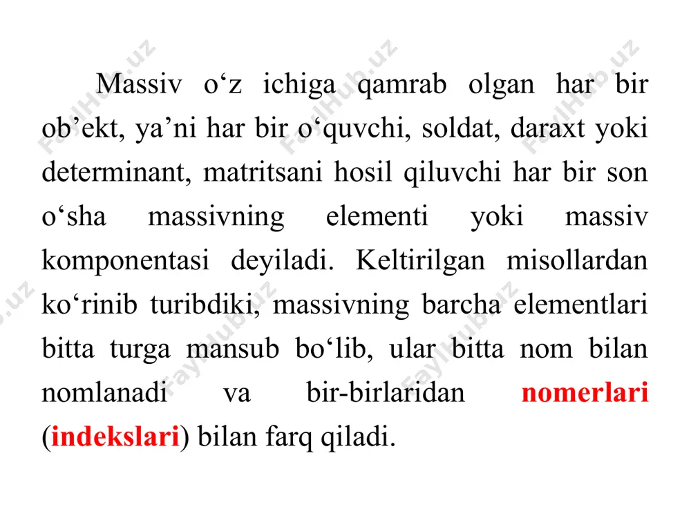 sivi quyidagicha o’qiladi. «elementlari haqiqiy sonlardan iborat bo’lgan a nomli massiv e’lon qilingan bo‘lib, elementlari soni 20 ta va ular 0 dan 19 gacha nomerlangan». massivni bu tarzda e’lon qilishdan maqsad ehm xotirasida uning elementlari uchun joy ajratishdir. massivni e’lon qilmasdan uning elementlaridan dastur tarkibida foydalanib bo’lmaydi. c++ dasturlash tilida massiv elementlari noldan boshlab nomerlanadi. masalan, massiv o’lchami n bo‘lsa uning elementlari 0 dan n-1 gacha nomerlanadi. massiv elementlari nomerli kvadrat qavsga olib ko’rsatiladi. demak, yuqorida e’lon qilingan massivning birinchi element a[0], oxirgi elementi esa a[ 19] bo’ladi. massiv elementlari nomerli albatta butun son bo’lishi shart. shuningdek, massiv indeks qiymati butun son bo’ladigan algebrik ifoda bo’lishi ham mumkin. yoki massiv indeksi butun turli o’zgaruvchi ham bo’lishi mumkin. shuning uchun agar massiv indeksini sikl parametri kabi aniqlash yo‘li bilan massivning barcha elementlari ustida amallar bajarish mumkin. misol: 10 ta elementdan tashkil topgan massiv elementlarini hosil qilib, elementlarini ikkiga ko‘paytirib ekranga chiqaring. …