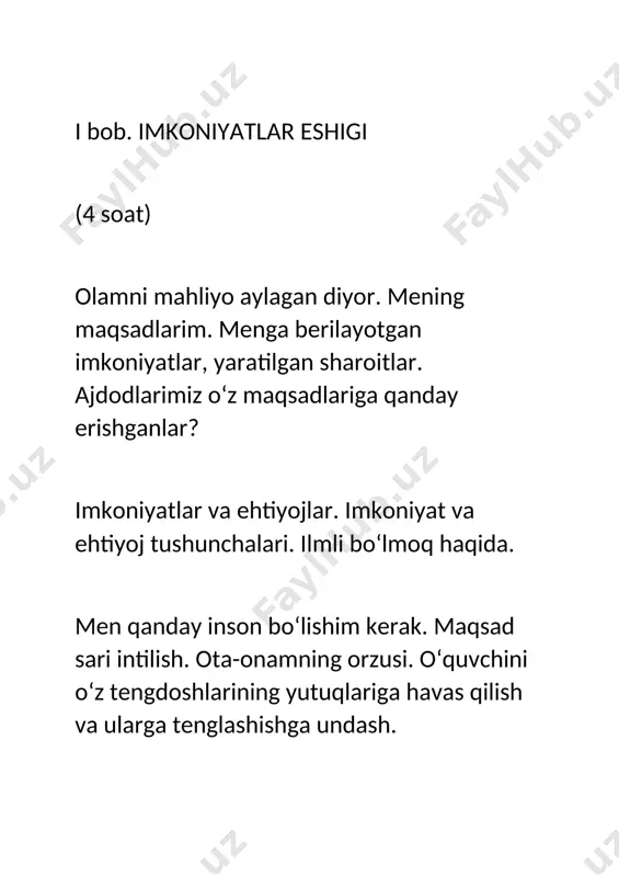 aqqi. birovning haqqi tushunchasi. mavzuga mos hikoya. birovning haqqiha xinoyat qilishning oqibati haqida. tartib-intizom hamrohing bo‘lsin har on. intizom vaqtga amal qilishdan boshlanadi. o‘quv qurollari va o‘ziga tegishli bo‘lgan buyumlarini tartibli saqlash. shaxsiy gigiena va kun tartibiga rioya qilish. iv bob. hamjihatlik – davlat, ahillik – hikmat (14 soat) birlashgan o‘zar. hamkorlik (hamjihatlik, birdamlik, ahillik). jamoada o‘zni tutish. mas’uliyat va majburiyat. hurmat qozonish. hurmatga erishishning yo‘llari. muloqot qilish, eshitish, tinglash, fikr bildirish qoidalari. suhbatdoshga samimiy munosabatda bo‘lish, tabassum qilish. insonparvarlik. mamlakatimizda yashaydigan turli millat va elatlar, ularning qadriyat, marosimlariga hurmat ko‘rsatish odobi. uyimizga mehmon keldi. mehmon kutish va mehmonda o‘zini tutish odobi. “tomga chiqmagan “quloqsiz” bola” hikoyasi haqida suhbat. mehmon-mehmon. mehmon va mezbon odobi haqidagi hikoyalar asosida. do‘stlik oliy fazilat. do‘stlashish odobi va qoidalari. “uy vazifasini ko‘chirtirmagan qiz” hikoyasi. sovg‘a berish va sovg‘a olish odobi. tug‘ilgan kunga borish. kimga qanday sovg‘a beriladi? do‘stlarga tabrik yo‘llash. ziyorat odobi. ziyorat qilish. ziyorat …