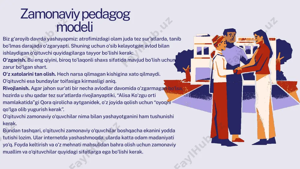 avjud emas. biroq shunga qaramay, idealga qarab intilish zarur. siz bu borada qanday fikrdasiz? zamonaviy o‘qituvchi qanday bo‘lishi kerak? fikringizni kutib qolamiz. professiogramma o'qituvchi pedagogik faoliyat jarayonida ko'plab funktsiyalarni bajaradi. ushbu funktsiyalarning muvaffaqiyati o'qituvchining shaxsiyati, uning kasbiy fazilatlari bilan belgilanadi. juda o'ziga xoslik pedagogik ish unga, uning shaxsiga bir qator talablarni qo'yadi, ular kasbiy ahamiyatga ega shaxsiy fazilatlar deb ataladi. o'qituvchining shaxsiy va kasbiy fazilatlari ro'yxatini ishlab chiqishga urinish uzoq tarixga ega. rossiyalik pedagog, yozuvchi, jurnalist va kitob nashriyotchisi n.i. novikova, tarbiyachi quyidagi talablarga javob berishi kerak; to'g'ri va aniq fikr yuritish qobiliyatiga ega bo'lish; bolalarga yaqinlasha olish; mehrli bo'l; rus tilini bilish va xorijiy tillar; yaxshi talaffuzga ega; yaxshi xulq-atvor va odobli tashqi ko'rinish. k.d. ushinskiy qat'iy ta'kidlagan edi: "har bir o'qituvchida, ayniqsa quyi maktablar va umumta'lim maktablariga tayinlangan murabbiylarda nafaqat dars berish qobiliyati, balki xarakter, axloq va e'tiqod ham muhimdir ...". sovet maktabida o'qituvchining mehnati va shaxsiyatini professiografik …