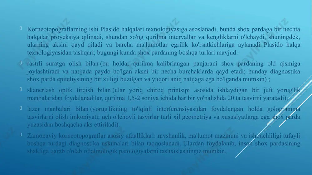 iqot texnologiyasi: 22 ta plasido halqalari; scheimpflug fotosuratlari tahlil nuqtalari soni: 100 000 dan ortiq o'lchov nuqtalari soni: shox pardaning old yuzasi uchun 21632; shox pardaning orqa yuzasi uchun 16000 o'rnatilgan scheimpflug kamerasi: soniyasiga 25 kadr o'rnatilgan raqamli kamera optik quvvatni o'lchash diapazoni: 1 dan 100 dioptergacha mumkin bo'lgan xato: ±0,25 d tekshiruv maydoni diametri: 0,4 mm dan 12 mm gacha ishlash masofasi: 74 mm o'lchash vaqti: 1 soniyadan kam yorug'lik manbalari: placido halqalari uchun 635 nm led; scheimpflug kamerasi uchun 475 nm led; pupillografiya uchun 875 nm led diagnostik xaritalarni tuzish imkoniyati: shox pardaning old va orqa yuzasining sagittal, tangensial, refraktiv va balandlik xaritalari; ekvivalent sinishi xaritasi; paximetrik xarita; ko'zning old kamerasining xaritasi; to'lqin fronti xaritasi dasturiy ta'minot va texnologiya: feniks raqamli platformasi korneotopografning texnik xususiyati quyidagilardan iborat: shox pardaning turli parametrlarini aniq oʻlchaydi; kontakt linzalarini oʻrnatishni tanlaydi; pupillometriya - koʻz qorachigʻining diametrini oʻlchaydi; 3d tasvirlar uchun differensial xaritalar …