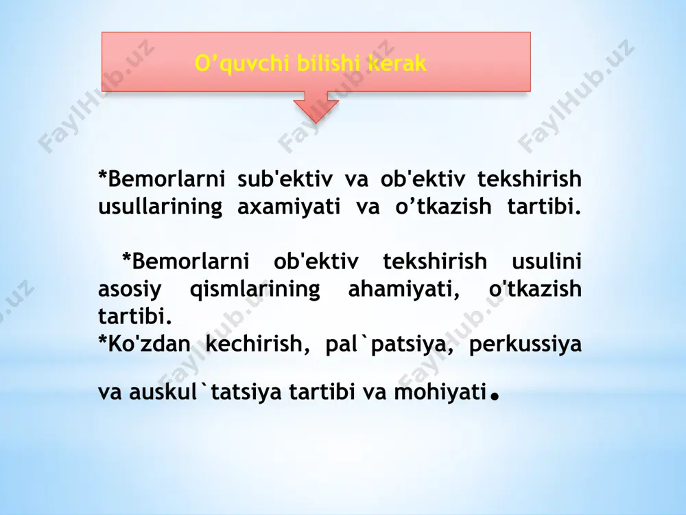 rli, o‘rtacha ogdrlikda, ogdr, juda ogdr. ко ‘zdan kechirish (inspektio) — ko‘zdan kechirishda bemorning ko‘rinishi va umumiy ahvoli, tana tuzilishi, teri va ko‘zga ko‘rinib turadigan shilliq pardalar holati aniqlanadi. bemorning ko‘rinishi va umumiy ahvoli quyidagicha bodishi mumkin: qoniqarli, o‘rtacha ogirlikda, ogir, juda ogir. bemorning holatl: aktiv (faol), passiv va majburiy. * agar bemor o‘rinda yotgan bo’lsa-yu, lekin o‘zi bir yonboshdan ikkinchi yonboshga ag‘darilib, otira oladigan, o‘rnidan tura oladigan bolsa, bunday holat aktiv (faol) deb ataladi. * bemor o‘zi harakatlana olmaydigan, ag‘darila olmaydigan, boshi yoki qolini kotara olmaydigan bolib, qanday vaziyatga solinsa, shu vaziyatda yotaveradigan bo’lsa, bemorning bunday holatini passiv holat deyiladi. bemor o‘z iztiroblarini yengillatishga urinib, odinda biror xil vaziyat olsa, bunga majburiy holat deyiladi es-hush. *stupor — karaxtlik holati, bunda bemor atrofdagi vaziyatni g‘ira-shira biladi, savollarga istar-istamas va kechikib javob beradi. *sopor — uyqu holatidir. qattiq-qattiq chaqirib yoki turtib-turtib bemor uyg‘otiladigan bo‘lsa, u savollarga javob berishi mumkin keyin yana …