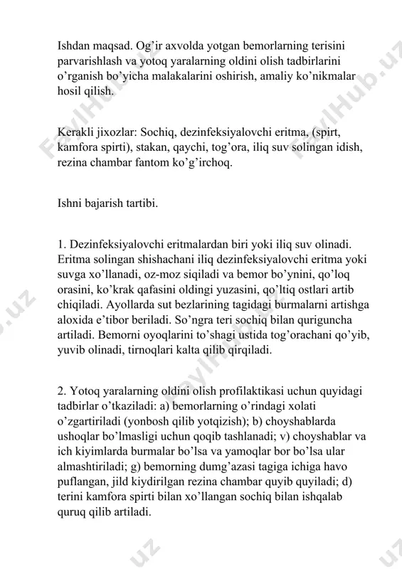 to’shiriladi. bemor qo’ltig’i osti soxasi sochiq bilan artib quritiladi. termometrning uning simobli rezervuari qo’ltiq ostida, hamma tomondan badanga tegib turadigan qilib qo’yiladi. o’lchash vaqtida bemor qimirlamay yotishi yoki o’tirishi kerak. puls yoki tomirlar urishi deb, tomirlar devorining yurak xaydaydigan qon harakati natijasida kelib chiqadigan turtkisimon tebranishlariga aytiladi. pulsning xossalari uning chastotasi, ritmi, tarangligi va to’liqligi bilan belgilanadi. puls chastotasi normada 1 daqiqada 60 dan 80 gacha o’zgarib turadi. puls chastotasi yoshga, jinsga, tana va tashqi muxit haroratiga, shuningdek jismoniy harakatga bog’liq. ayollar pulsi erkaknikiga nisbatan tezdir. puls arteriallar yuza joylashgan soxalarda aniklanadi. pulsni paypaslab tekshirish uchun qulay tomir bilak arteriyasidir. pulsni chakka arteriyalarida uyqu va son arteriyalarida ham sanash mumkin. puls odatda bilakning kaft yuzasida, 1 barmoq asosida, bilak arteriyasida aniqlanadi. bemor panjasining o’ng qo’l bilan panja bukish soxasida bo’shgina ushlanadi va o’ng qo’l tekshiriluvchining yurak satxiga qo’yiladi. bunda 1 barmoqni tirsak tomoniga, ii, iii va iy barmoqlarni esa bilak …