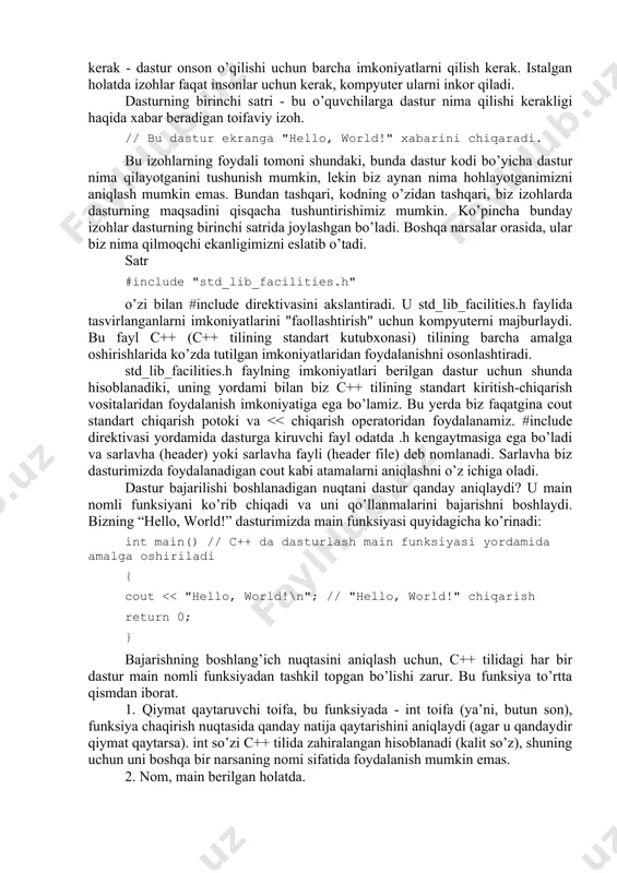 ham belgilar ketma ketligi hisoblanadi. boshqa tomondan esa carlos butun son emas va u o’qilmasdan tashlab ketiladi. natijada esa ekranga 22 soni va daviomda “( age” literali va ihtiyoriy son masalan -9842 yoki 0 chop etiladi. nega? chunki siz age o’zgaruchisining boshlang’ich qiymatini kiritmadingiz va hech nima kiritmadingiz, natijada unda musor qiymat qolib ketdi. hozir esa shunchaki age o’zgaruchisiga boshlang’ich qiymat berib qo’yamiz. // ism va yoshni kiritish (2- usul) int main() { cout > first_name >> age; // satr undan so’ng butun sonni o’qiymiz cout > singari turlarga sezuvchandir, shuning uchun string turidagi o’zgaruvchi va bir qator satrlar bilan birgalikda butun son (int) turdagi o’zgaruvchini chop etishimiz mumkin. string turidagi obyektni kiritish operatori >> orqali kiritish ajratish belgisi uchraganda to’xtatiladi boshqacha qilib aytganda kiritish operatori alohida so’zlarni o’qiydi. ba’zida bizga bir nechta so’zlarni o’qish kerak bo’ladi. buning ko’plab usuli bor, masalan ikkita so’zdan iborat ismni o’qib olish mumkin: int …