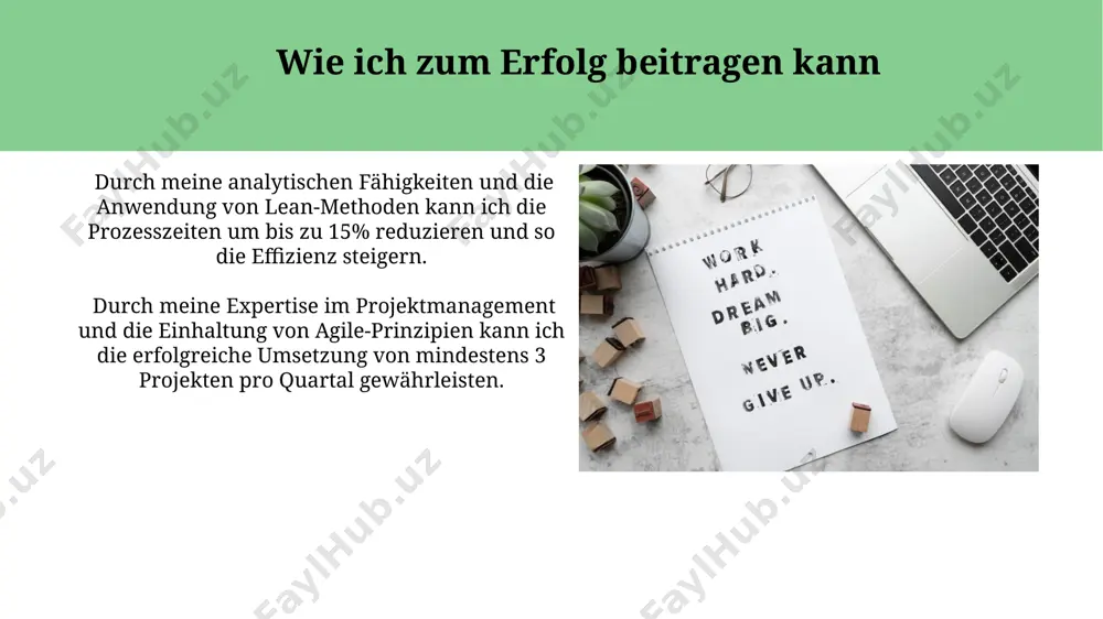 bis zu zwei tage homeoffice pro woche. projektabhängig kann die arbeitszeit kurzfristig angepasst werden, mit einer maximalen wochenarbeitszeit von 45 stunden, gefolgt von ausgleichstagen. mein traumjob: die vision die position beinhaltet die führung eines teams von 5-7 hochqualifizierten entwicklern, wobei agile methoden wie scrum zur projektmanagement-optimierung eingesetzt werden. ich sehe mich in 5 jahren als senior projektmanager mit einer erfolgsquote von über 90% bei der termingerechten und budgetkonformen abwicklung komplexer softwareprojekte. vielen dank für ihre aufmerksamkeit @taqdimot_robot image1.jpg image2.jpg image3.jpg image4.jpg image5.jpg image6.jpg image7.jpg image8.jpg image9.jpg image10.jpg image11.jpg image12.jpg image13.jpg image14.jpg image15.jpg