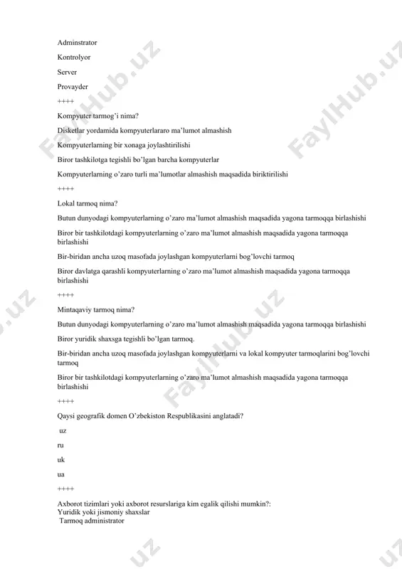 a ilmiy-texnikaviy jarayoni davlat axborot resurslarini shakllantirish axborot texnologiyalarining zamonaviy vositalarini ishlab chiqarish tadbirkorlikni qo‘llab-quvvatlash va rag‘batlantirish ++++ o‘zbekiston respublikasida quyidagi qonunlar qabul qilingan: «axborotlashtirish to‘g‘risida», «elektron tijorat to‘g‘risida», «elektron xujjat aylanishi to‘g‘risida», «elektron raqamli imzo to‘g‘risida» va boshqalar. «axborotlashtirish to‘g‘risida», «elektron tijorat to‘g‘risida», «elektron xujjat aylanishi to‘g‘risida», «axborot xavfsizligi to‘g‘risida» va boshqalar. «axborot erkinligi to‘g‘risida», «elektron tijorat to‘g‘risida», «elektron xujjat aylanishi to‘g‘risida» va boshqalar. «internet to‘g‘risida», «axborot xavfsizligi to‘g‘risida», «balog‘at yoshiga yetmaganlarni ma’naviy va jismoniy salomatliklariga zarar yetkazuvchi axborotlardan muhofaza qilish to‘g‘risida» va boshqalar. «axborot erkinligi to‘g‘risida», «internet to‘g‘risida», «axborot xavfsizligi to‘g‘risida» va boshqalar. ++++ “axborot” tushunchasiga berilgan ta’rifni ko‘rsating: identifikatsiyalash mumkin bo‘lgan, rekvizitlari ko‘rsatilgan va axborot tashuvchi qurilmalarga joylashtirilgan istalgan ma’lumotlar. manbalari va taqdim etilish shaklidan qat’iy nazar shahslar, predmetlar, faktlar, voqealar, hodisalar va jarayonlar to‘g‘risidagi ma’lumotlar istalgan manbalardan keladigan ma’lumotlardan foydalanish, ishlov berish va yaratish bilan bog‘liq bo‘lgan subyektlarning faoliyat sohasi. cheklanmagan shaxslar doirasiga mo‘ljallangan bosma, audio …