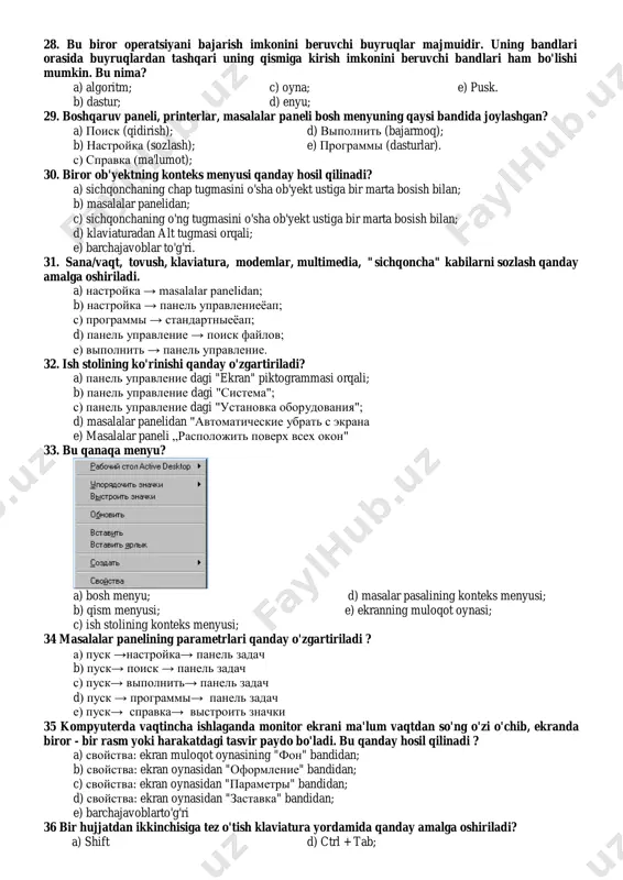 a) protsessor; d) dasturlash sistemasi; b) operatsion sistema; e) kompyuterning fizik resursi. c) axborot tizimi; 18. quyidagi ta'rif operatsion sistemaning (os) qaysi xususiyatiga nisbatan berilgan: os foydazlanuvchining aybi bilan vujudga kelgan xatoni aniqlashi, uni tahlil qilishi va tiklash imkoniyatiga ega bdlishi kerak. os o'zi ishlayotgan qurilmalar bilan birga ishonchli bo'lishi kerak. os foydalanuvchi tomonidan qilingan xatodan himoyalashi, hech bo'lmaganda dasturiy muhitga keltiriladigan zararli milimullarga olib kelishi kerak? a) aniqlik; d) qulaylilik; b) himoya; e) kengaytiruvchanlik. c) ishonchlilik; 19. kompyuterdagi fizik va dasturiy resurslar taqsimoti os foydalanuvchi uchun maksimal holda foydalanish darajasini oshirish kerak. sistemaning o'zi esa iloji boricha kamroq resurslardan foydalanishi kerak, aks holda foydalanuvchi imkoniyatlarini kamaytirishga olib keladi. bu ta'rif os ning qaysi xususiyatiga berilgan? a) kengaytiruvchanlik; d) moslashuvchanlik; b) qulaylik; e) effektivlik. c) ishonchlilik; 20. os amallari foydalanuvchiga qarab sozlanishi mumkin. kompyuterdagi fizik va dasturiy resurslar majmuasi os effektivligi va samaradorligini oshirish maqsadida ko'paytirilishi yoki kamaytirilishi mumkin. bu …