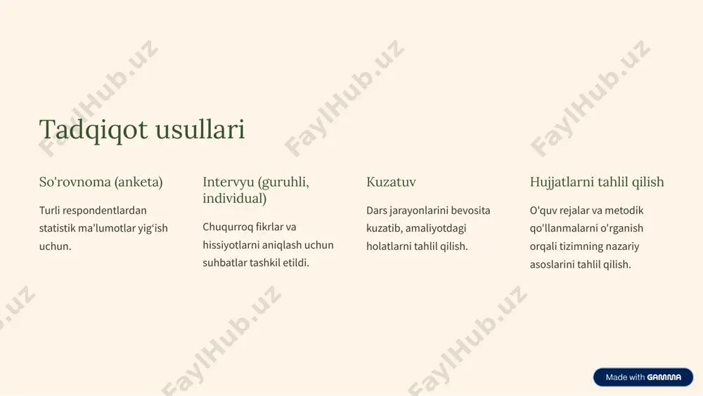 sifatini oshirish o»qituvchilar, talabalar, ota-onalar va mutaxassislar o»rtasida mustahkam aloqa yaratish zarur. https://gamma.app/?utm_source=made-with-gamma
