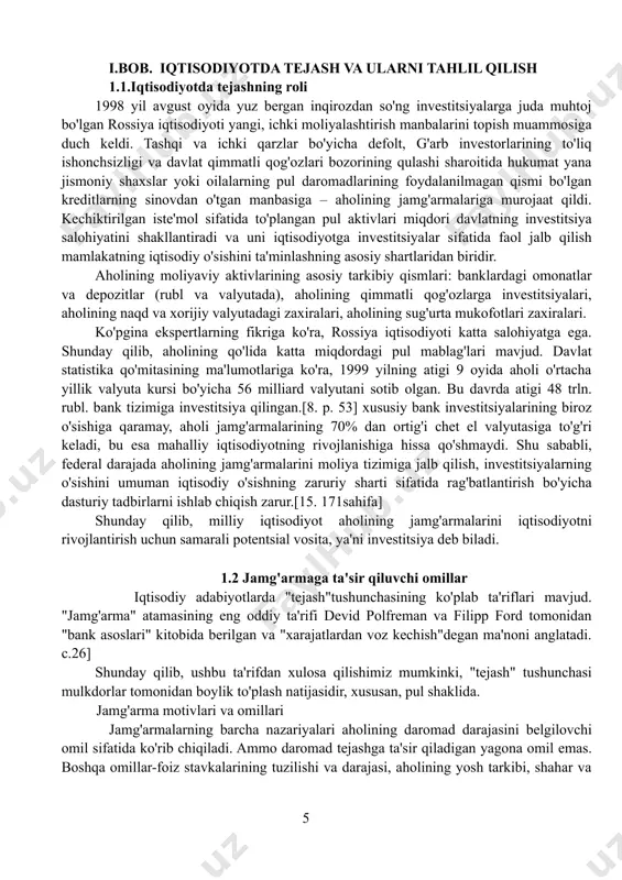 .[15. 171sahifa] shunday qilib, milliy iqtisodiyot aholining jamg'armalarini iqtisodiyotni rivojlantirish uchun samarali potentsial vosita, ya'ni investitsiya deb biladi. 1.2 jamg'armaga ta'sir qiluvchi omillar iqtisodiy adabiyotlarda "tejash"tushunchasining ko'plab ta'riflari mavjud. "jamg'arma" atamasining eng oddiy ta'rifi devid polfreman va filipp ford tomonidan "bank asoslari" kitobida berilgan va "xarajatlardan voz kechish"degan ma'noni anglatadi. c.26] shunday qilib, ushbu ta'rifdan xulosa qilishimiz mumkinki, "tejash" tushunchasi mulkdorlar tomonidan boylik to'plash natijasidir, xususan, pul shaklida. jamg'arma motivlari va omillari jamg'armalarning barcha nazariyalari aholining daromad darajasini belgilovchi omil sifatida ko'rib chiqiladi. ammo daromad tejashga ta'sir qiladigan yagona omil emas. boshqa omillar-foiz stavkalarining tuzilishi va darajasi, aholining yosh tarkibi, shahar va qishloq aholisining nisbati. agar siz tejash sabablarini tahlil qilsangiz, tejash darajasining ushbu omillarga bog'liqligi tabiati aniqroq bo'ladi. hozirgi vaqtda aholini tejashning eng keng tarqalgan to'rtta sababi mavjud: 1) qarilikni ta'minlash; 2) ehtiyotkorlik; 3) vasiyatnoma maqsadida to'plash; 4) kechiktirilgan talab. keksalikni ta'minlash ko'pchilik tomonidan tejashning asosiy sababi sifatida qaraladi. …