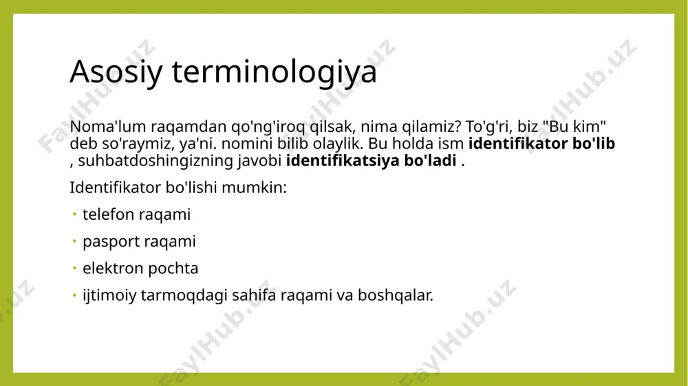 rni o'g'irlash, buzish yoki oshkor qilish jiddiy oqibatlarga olib kelmaydigan tizimga kirish uchun autentifikatsiya talab qilinadi . tavsiya etilgan minimal talab - qayta ishlatiladigan parollardan foydalanish misol: pazandachilik retseptlari portalida ro'yxatdan o'tish. autentifikatsiya texnologiyasini tanlash kam zarar keltiradigan tizimga kirish uchun autentifikatsiyani talab qiladi. tavsiya etilgan minimal talab - bir martalik parollardan bank operatsiyalarini autentifikatsiya texnologiyasini tanlash tizimga kirish uchun autentifikatsiya talab qilinadi va maxfiy ma'lumotlarni o'g'irlash, buzish va oshkor qilish katta zarar keltiradi. tavsiya etilgan minimal talab ko'p faktorli autentifikatsiyadan misol: birjada banklararo operatsiyalarni amalga oshirish . amaliyotga yaqinroq shunga o'xshash atamalar kompyuter tizimlarida qo'llaniladi, bu erda an'anaviy ravishda identifikatsiya qilish foydalanuvchi nomi yoki elektron pochta orqali hisobingizni ( identifikatsiyani ) olish tushuniladi ; autentifikatsiya ostida - ushbu hisob uchun parolni bilishingizni tekshirish va avtorizatsiya ostida - tizimdagi rolingizni tekshirish va so'ralgan sahifa yoki manbaga kirish huquqini berish yoki bermaslik haqida qaror qabul qilish. parolni autentifikatsiya qilish tizimni muvaffaqiyatli …