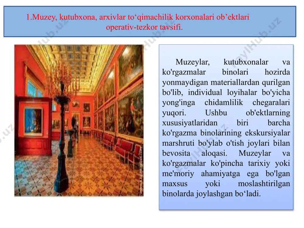 ateriallardan tayyorlangan stendlar yordam beradi. ko‘rgazmalarning bir qismi, xususan, badiiy rasmlar zal va o‘tish joylaridagi stendlarga osilgan. zal va o'tish joylari bezak materiallari va parda bilan bezatilgan. muzeylar va ko'rgazmalar binolarida ko'plab eksponatlar saqlanadi, binolarning ko'p qavatli qismida joylashgan bo'lib, ularning ichki qavatlari 200 kg / m2 gacha bo'lgan yukni hisobga olgan holda va yuqori yong'inga chidamlilik chegarasi bilan mustahkamlangan. adabiyot va hujjatlar yog'och javonlarda bir yoki bir nechta qatlamlarda, ular orasidagi kichik o'tish joylarida saqlanadi. bir qator kutubxona va arxivlarda adabiyotlar yoki hujjatlarni kutubxona jo‘natish uchun adabiyotlarni qayta ishlash xonalari va omborni bog‘lovchi vertikal va gorizontal konveyerlar o‘rnatiladi markaziy kutubxonalarda nodir kitoblar bo‘limlari, qo‘lyozmalar bo‘limlari, kitoblar va hujjatlarning fotonusxalari omborlarda bo‘lishi mumkin. ular bir nusxada bo'lgan eng qimmatli kitoblar va hujjatlarni jamlaydi. kutubxonalardagi adabiyotlarning barcha hisobi alohida xonalarda joylashtirilishi mumkin bo'lgan kataloglarda jamlanganmuzeylar, ko'rgazmalar va kutubxonalarda xizmat xonalari va ustaxonalari bo'lishi mumkin - kitob muqovalash, restavratsiya, duradgorlik, rassomlik, laboratoriyalar, …