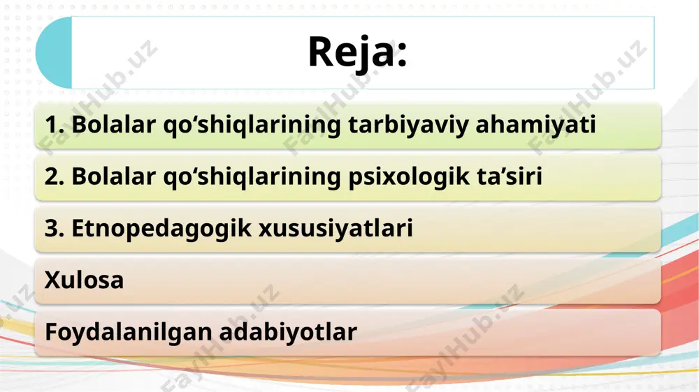 ga raqs yoki harakatlar orqali moslashish bolalarning harakat koordinatsiyasini rivojlantiradi. • ritm va harakatlar muvofiqligi bolalarning motorik qobiliyatlarini oshiradi. misol: “qadam tashla, yur oldinga, qo‘lni cho‘z va raqs qilgin.” bu kabi qo‘shiqlar jismoniy rivojlanish va harakat faoliyatini rag‘batlantiradi. emotsional rivojlanish. qo‘shiqlar bolalarning emotsional holatini yaxshilaydi va ularda quvonch, xursandchilik, xotirjamlik kabi hissiyotlarni uyg‘otadi. ular bolalarning stress va xavotir holatini kamaytiradi, psixologik muvozanatni saqlashga yordam beradi. ijtimoiy munosabatlarni shakllantirish. qo‘shiqlar jamoaviy ijro va musobaqalar orqali bolalarni birgalikda ishlashga o‘rgatadi. ular orqali bolalar muloqot ko‘nikmalarini rivojlantiradi va ijtimoiy munosabatlar haqida bilim oladi. xotirani mustahkamlash qo‘shiqlarni yod olish va kuylash jarayonida bolalarning xotirasi mustahkamlanadi. bu esa kelajakda boshqa bilimlarni o‘zlashtirishga asos yaratadi. milliy qadriyatlar targ‘iboti. bolalar qo‘shiqlari milliy madaniyat va qadriyatlarni singdirishda muhim o‘rin tutadi. ular orqali bolalar xalqning an’analari, urf-odatlari va hayot tarzi haqida bilimga ega bo‘ladi. misol: “erta turaylik, o‘t chopaylik, yerga urug‘ sepaylik.” bu kabi qo‘shiqlar mehnatga rag‘batlantiradi va milliy …