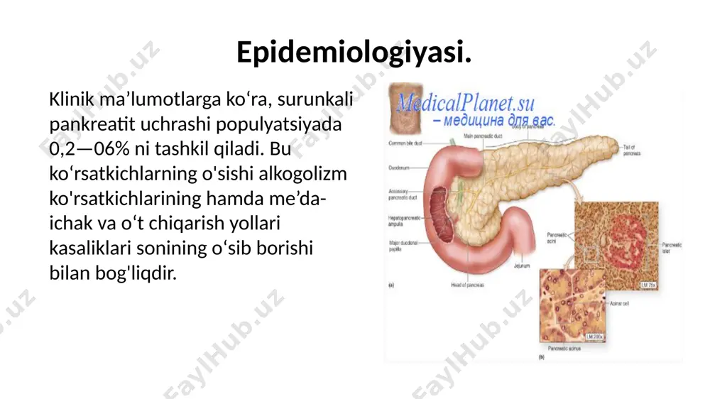 uning endokrin faoliyati buziladi. gipoglikemik sindrom — glyukagon yetishmasligi natijasida kelib chiqadi. qandli diabet — insulin yetishmasligi natijasida kelib chiqadi. bu holatlar surunkali pankreatit kechishida gipoglikemiyaga mo- yillik, insulinga muhtojlik, ketoatsidoz rivojlanishiga sabab bo‘ladi. ekzokrin yetishmasligi. tchakda hazm bo‘lish va so‘rilish jarayon- larning buzilishi va ingichka ichakda infeksiya rivojlanishi bilan bog‘liq. belgilari: ich ketishi, steatoreya (yaqqol steatoreyada bemor najasi bo'tqasimon, yog‘li yaltiroq va badbo‘y hidli bo'ladi), meteorizm, qo- rin sohasidagi og‘riq, ko'ngil aynishi, qusish, ishtaha yo'qolishi, ozish va gipovitaminoz (а, в, e, к va bl2) belgilar kiradi. surunkali pankreatitning klinik shakllari latent (og'riqsiz) shakli — 5% bemorlarda uchraydi va quyidagi klinik belgilar bilan namoyon bo‘ladi: og'riq bo‘lmaydi yoki kuchsiz ifodalangan; vaqt-vaqti bilan bemorlarni kuchsiz namoyon bo‘lgan dispeptik belgilar (ko'ngil aynishi, qusish, ishtaha pasayishi, kekirish) bezovta qiladi; ba’zida ich ketishi yoki bo'tqasimon najas kuzatiladi; laborator tekshiruvlarda me’da osti bezining ichki va tashqi sekre- tor faoliyatining buzilishi kuzatiladi; koprologik tekshiruvda steatoreya, kreatoreya, …
