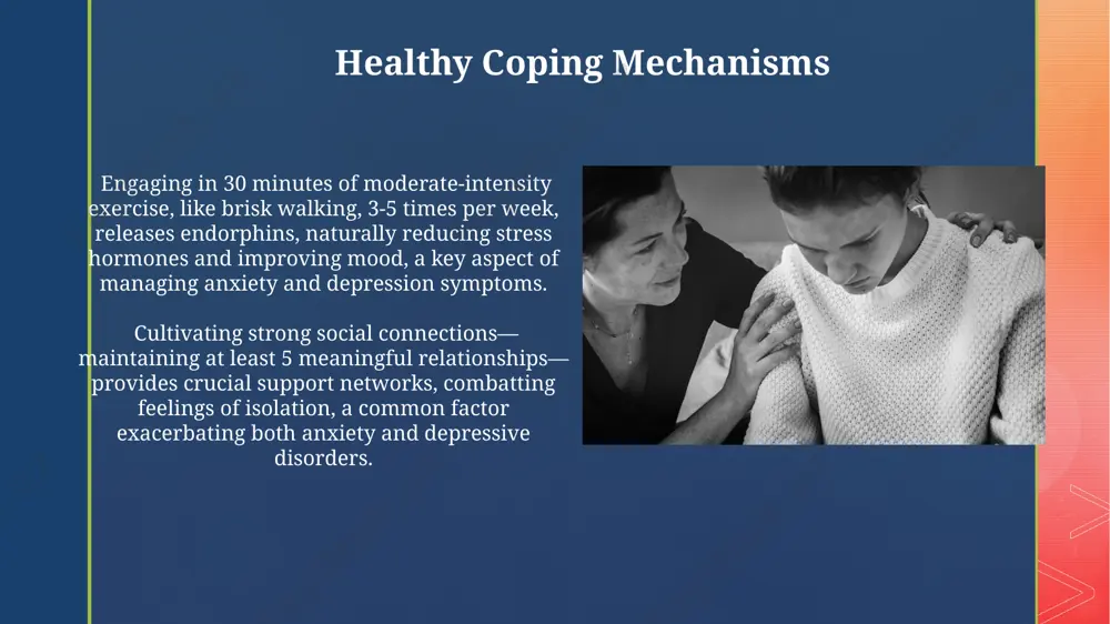 lding a strong support system, including 2-3 trusted individuals, is crucial. regular engagement, such as weekly check-ins or monthly gatherings, provides emotional resilience and reduces feelings of isolation, a key factor in long-term mental health. understanding anxiety and depression the neurotransmitter serotonin plays a crucial role in mood regulation; imbalances, often characterized by deficient levels, are implicated in approximately 70% of depression cases and contribute significantly to anxiety symptoms. cognitive behavioral therapy (cbt), a common evidence-based treatment, aims to identify and modify negative thought patterns and behaviors contributing to both anxiety and depression; studies show a 50-75% success rate for many patients. the impact on daily life anxiety and depression can drastically reduce productivity, with studies showing a 35% decrease in work performance among individuals experiencing moderate to severe symptoms, impacting career progression and financial stability. sleep disturbances, a hallmark of both conditions, affect over 75% of sufferers, resulting in …