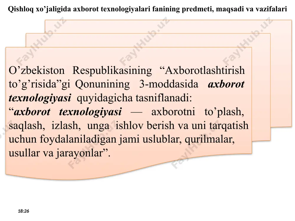 tni uzatishning evolyusiyasi axborotlashgan jamiyat va axborot madaniyati haqida axborotlashgan jamiyatda barcha fuqarolar, tashkilotlar va davlatning axborotga bo’lgan ehtiyojini qondirish uchun hamma shart - sharoit yaratilgan bo’ladi. axborotlashgan jamiyat- jamiyat fuqarolari axborot madaniyatiga ega bo’ladilar, ya’ni axborot bilan ishlashni, uni olish qayta ishlash va uzatish uchun axborot tizimlari va texnalogiyalaridan foydalanishni biladilar. 18:26 axborotlashgan jamiyat va axborot madaniyati haqida jamiyatni axborotlashtirish darajasi fizik- hisoblash texnikalari va aloqaning texnik vositalarining apparat-dasturiy ta’minoti mantiqiy – axborot texnologiyalari amaliy – foydalanuvchining amaliy tizimlari axborotlashgan jamiyatga o’tish bosqichlari kompyuterlashtirish axborot texnologiyalari infrastrukturalarini rivojlanishi aholini axborotga bo’lgan asosiy talablarini qanoatlantirish 18:26 axborotlashgan jamiyat va axborot madaniyati haqida 18:26 axborot va axborot jarayonlari. axborot jarayonlari deganda, unga oid axborotlarni qidirish, yig’ish, saqlash, uzatish, qayta ishlash va foydalanish jarayonlari tushuniladi. qishloq xo’jaligida axborot jarayonlari tushunchasi qishloq xo’jaligida axborot quyidagi ko’rinishlarda namoyon bo’lishi mumkin. qishloq xo’jalik ekinlarini turlari va navlari bo’yicha ma’lumotlarda; sug’oriladigan va lalmi ekin maydonlarni sonli …