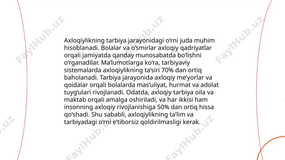 li yetakchilar insoniyatning umumiy farovonligini ta’minlash va ijtimoiy adolatni ilgari surish orqali jamiyatning har tomonlama rivojlanishini qo‘llab-quvvatlaydi. natijada, iqtisodiy, ijtimoiy, va madaniy sohalarda o‘zgarishlar sodir bo‘ladi. ... t.me/slaydai_bot 12. axloqiy me'yorlar va tibbiyot axloqi mavzusi tibbiyotda axloqiy qoidalarning ahamiyatini o'rganadi. tibbiyot axloqi shifokorlar va tibbiyot xodimlari uchun axloqiy me'yorlarni belgilaydi, ular bemorlar bilan muomala qilishda adolat, hurmat va shaffoflik tamoyillarini qo'llab-quvvatlaydi. hippokrat qasami — bu axloqiy printsiplardan biri bo'lib, bemorga zarar keltirmaslik, ularning shaxsiy ma'lumotlarini himoya qilish va hayotga hurmat ko'rsatishni talab qiladi. o'zbekiston tibbiyot muassasalarida bemorlarning huquqlarini himoya qilishga katta e'tibor beriladi. axloqiy me'yorlarga rioya qilish tibbiyot sohasida ishonchli va samarali aloqalarni mustahkamlaydi. bu me'yorlar shifokorlar va bemorlarning hamkorligini yaxshilashga xizmat qiladi. ... t.me/slaydai_bot 13. axloqiy tartib va ijro intizomi axloqiy tartib va ijro intizomi har qanday tashkilot va jamoaning samarali faoliyat yuritishida muhim ahamiyat kasb etadi. axloqiy tartib tashkilot ichida xodimlar orasidagi munosabatlarni tartibga soladi, ularning kasbiy axloq …