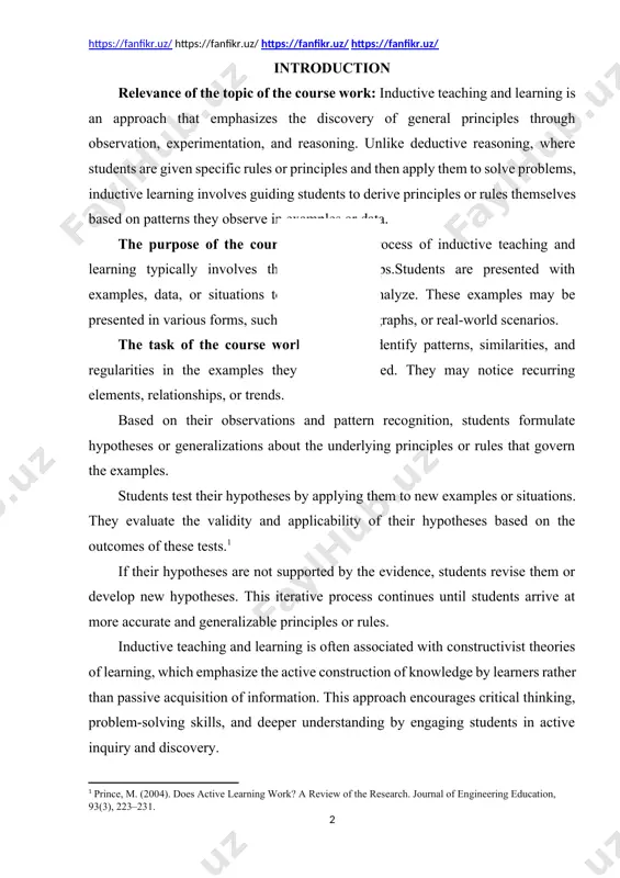 e hypotheses or generalizations about the underlying principles or rules that govern the examples. students test their hypotheses by applying them to new examples or situations. they evaluate the validity and applicability of their hypotheses based on the outcomes of these tests.[footnoteref:1] [1: prince, m. (2004). does active learning work? a review of the research. journal of engineering education, 93(3), 223–231.] if their hypotheses are not supported by the evidence, students revise them or develop new hypotheses. this iterative process continues until students arrive at more accurate and generalizable principles or rules. inductive teaching and learning is often associated with constructivist theories of learning, which emphasize the active construction of knowledge by learners rather than passive acquisition of information. this approach encourages critical thinking, problem-solving skills, and deeper understanding by engaging students in active inquiry and discovery. in educational practice, inductive methods can be applied across various subjects and disciplines, …