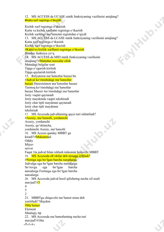 klaydi faqat baza va jadval uchun cheklaydi faqat jadval uchun cheklaydi faqat baza uchun cheklaydi faqat index uchun 37. alter amali qo‗llash mumkin bo‗lgan ob‘ektlar to‗g‗ri keltirilgan qatorni aniqlang? #table, domain, procedure table, domain, trigger create, domain, procedure table, drop, procedure 38. insert into offices (city) values (`tashkent`) » sql so‗rovdagi jadval nomianiqlang ? #city office tashkent offices(city) 39. sql tilining alfavitida nechata harf bor ? #27 36 32 72 40. sql tilida matematik amallarning to‗g‗ri va to‗liq yozilgan qatorni toping ? #[+], [-], [/], [x] [+], [-], [/], [^] [+], [-], [^], [] [+], [-], [/], [] 41. sql tilining xizmatchi so‗zlar to‗g‗ri keltirilgan qatorni aniqlang ? #case, then, else, while case, if then, else, while case, then, else, if case, then, rollback 42. sql1 standarti qachon yaratilgan ? #1986 1988 ++++ 1987 1991 43. spatialindex mysqlning qaysi tipida ishlaydi? #myisam innodb engine utf8_general_ci 45. fulltexindex mysqlning qaysi tipida …