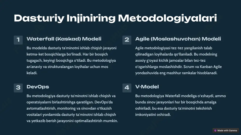 uchun kerakli sozlamalar amalga oshiriladi. 6 qo‘llab-quvvatlash ishga tushirilgach, dasturiy ta'minot qo‘llab-quvvatlanadi va yangilanadi. agile (moslashuvchan) modeli mijoz bilan hamkorlik mijoz doimiy ravishda jarayonga jalb qilinadi va fikr-mulohazalari asosida o‘zgarishlar kiritiladi. tez-tez yetkazib berish loyihaning kichik qismlari qisqa vaqt ichida yetkaziladi. o‘zgarishlarga moslashuvchanlik talablardagi o‘zgarishlarga tezda moslashish imkoniyati mavjud. devops metodologiyasi doimiy integratsiya (continuous integration) kod har doimiy ravishda integratsiya qilinib, avtomatik sinovlardan o‘tkaziladi. doimiy yetkazib berish (continuous delivery) yangi funksiyalar tez-tez ishga tushiriladi va foydalanuvchilarga yetkazib beriladi. v-model talablarni aniqlash va sinov rejasi talablar o‘rganilib, sinov rejasi tuziladi. dizayn va sinov jarayoni har bir dizayn bosqichida sinovga tayyorgarlik ko‘riladi. ishlab chiqish va birlashtirish sinovi kod yoziladi va modullar birlashtirilib sinovdan o‘tkaziladi. yakuniy sinov va ishga tushirish dasturiy ta'minot ishlashga tayyor holatga keltirilib, yakuniy sinovlar amalga oshiriladi. spiral model rejalashtirish loyihaning maqsadlari, resurslari va muddatlari belgilanadi. xavf tahlili potensial xavflar aniqlanadi va ular uchun yechimlar topiladi. ishlab chiqish va sinov …