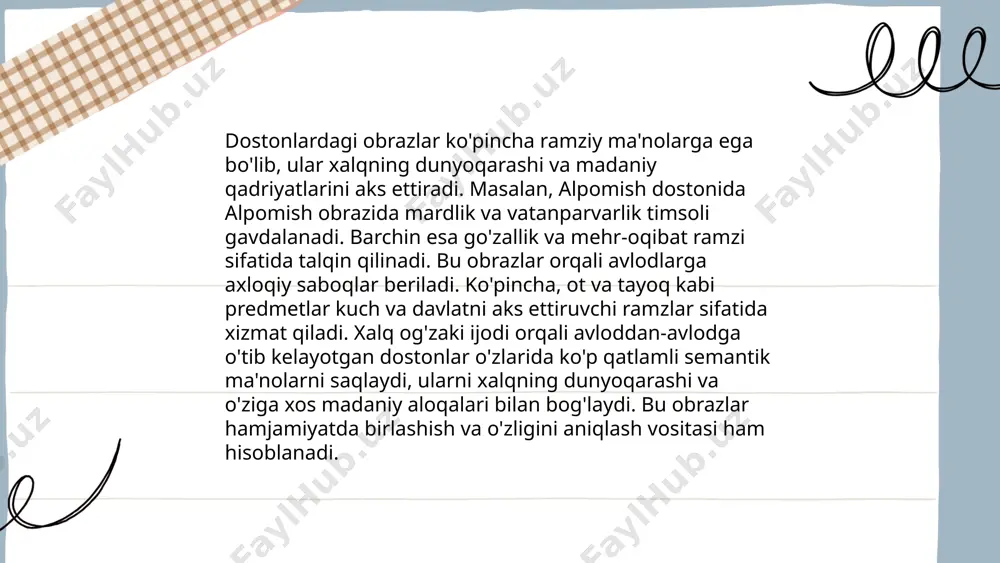 b masalalarini yoritib beradi." ... t.me/slaydai_bot o'zbek xalq rivoyatlari o'z ichiga boy madaniy-tarixiy merosni oladi. ushbu rivoyatlar zamonaviy madaniyatni o'stirishda ahamiyatli rol o'ynaydi. rivoyatlarni yangi ramzlar bilan boyitish, ularning zamonaviy o'quvchilar uchun yanada jozibador bo'lishiga yordam beradi. bu, bir tomondan, yosh avlodni milliy qadriyatlarni o'rganishga jalb qilsa, ikkinchi tomondan, rivoyatlarning tarbiyaviy ahamiyatini oshiradi. masalan, 21-asr texnologiyalaridan foydalanib, rivoyatlarga animatsiya va interaktiv elementlarni qo'shish mumkin. yetkazilgan yangi ramzlar milliy identitetni mustahkamlashga xizmat qiladi. shu tariqa, xalq uchun muhim bo'lgan tajribalar va hayotiy saboqlar saqlanib qoladi va yangi kontekstda tushuniladi. ... t.me/slaydai_bot dostonlardagi metaforalar odatda qahramonlarning his-tuyg'ularini va voqealar rivojini chuqurroq ifodalash uchun ishlatiladi. ushbu badiiy vosita orqali mualliflar abstrakt tushunchalarni konkret timsollar orqali ifoda etishadi. masalan, dostonlardagi "yer yuzidagi emas, ko'kdagi jang" kabi metaforalar kurashning shiddatini va jiddiyatini ko'rsatadi. yashirin ma'nolar esa o'quvchiga chuqurroq mazmun beradi, ayniqsa, turli xalq hikmatlari va falsafiy qarashlarini aks ettirishda xizmat qiladi. bu turdagi metaforalar dostonlarni …