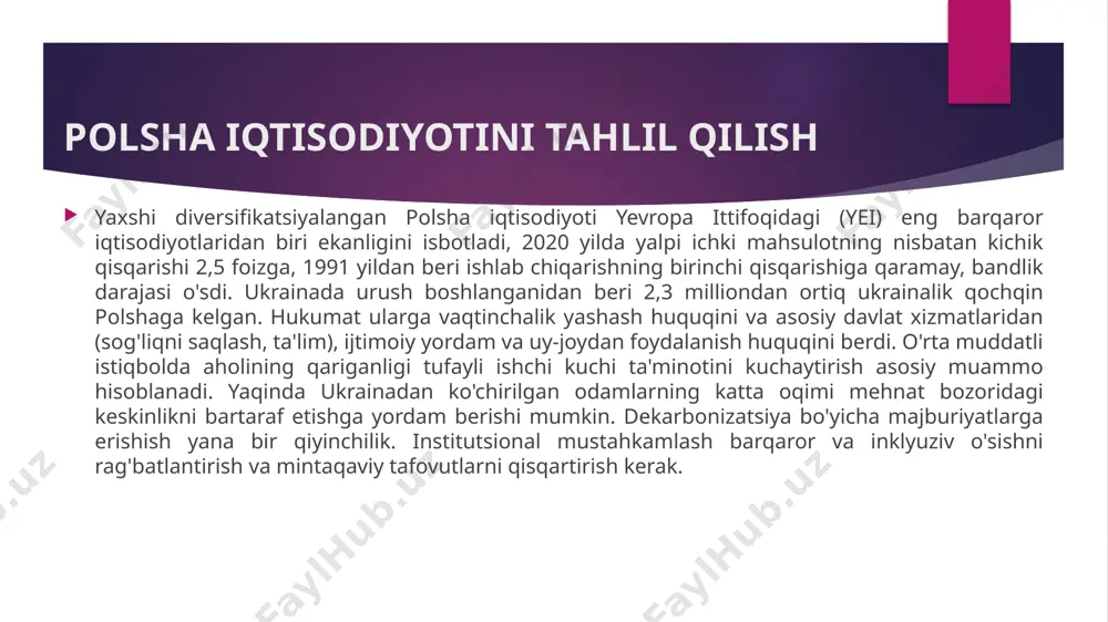 lovlarni to'liq bolalar nafaqasi (ya'ni, 500+ nafaqa) hisobidan qoplashlari mumkin. polshada homiladorlik va tug'ish ta'tillari evropa va jahon standartlari bilan solishtirganda saxiydir (ya'ni, 12 oylik tug'ruq ta'tilida ona oldingi ish haqining 80% miqdorida to'lov oladi; onalik ta'tilini ota bilan bo'lishish mumkin). какую пользу получит аудитория от презентации: взрослых учащихся больше интересует предмет, если они знают, почему и насколько он важен для них. уровень знаний докладчика по теме: кратко укажите свои профессиональные успехи в этой области или объясните, почему участникам интересно будет вас послушать. 5 polsha iqtisodiyotini tahlil qilish 1988 yildan boshlab polsha iqtisodiy liberallashtirish siyosatini olib bordi, ammo u ijtimoiy farovonlik tizimini saqlab qoldi. ko'pchilik bu mamlakatni muvaffaqiyatli post-kommunistik davlat deb biladi. uning iqtisodi 2007–08 yilgi iqtisodiy tanazzul tufayli yevropa ittifoqida retsessiyadan qochgan yagona iqtisodiyot edi.[26] 2019 yil holatiga ko'ra, polsha iqtisodiyoti 28 yil davomida barqaror o'sib bormoqda, bu yeida rekord darajada yuqori. bu rekord jahon iqtisodiyotida faqat avstraliyadan oshib …