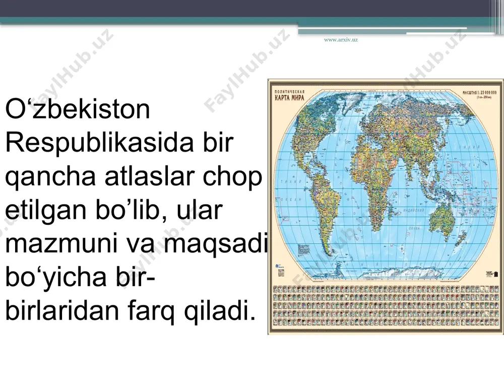 xo‘jaligiga tegishli orginal kartalar ham mavjud. lekin umumiqtisodiy kartasini yo‘qligi uning asosiy kamchiligidir. atlasda iqtisodiy geografik rayonlar kartasi ham o‘z ifodasini topgan. www.arxiv.uz 9-sinf uchun mo‘ljallangan dunyoning ijtimoiy va iqitisodiy geografik atlasi (toshkent, 2000), jahon iqtisodiy geogrfiyasini o‘rganishda asosiy qo‘llanma bo‘lib xizmat qilishi mumkin. www.arxiv.uz foydalanilgan adabiyotlar. asomov m., mirzaliev t. topografiya asoslari va kartografiya. toshkent: «o‘qituvchi», 1988. asomov m., mirzaliev t. topografiya asoslari va kartografiyadan labaratoriya mashg‘ulotlari. toshkent: «o‘qituvchi», 1990. berlyant a.m. obzor prostranstva: karta informatsiya. m.: «mыsl», 1986. berlyant a.m. kartograficheskiy metod issledovaniya. m.: 1978. gedыmin a.v., g.yu.gryunberg i dr. kartografiya s osnovami topografii. m.: «prosveщenie», 1988. g‘ulyamova l.x. geografiyada aerokosmik uslublar. toshkent: «universitet», 1993. kartografiya na rubeje tыsyachaletiy. //dokladы i vserossiyskoy nauchnoy konferensii po kartografii. m.: 1997. mirzaliev t. geografik karta va undan foydalanish. toshkent: «o‘qituvchi», 1977. www.arxiv.uz www.arxiv.uz image3.jpeg image4.jpeg image5.jpeg image6.jpeg image7.jpeg