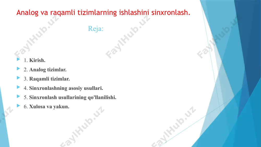 da o'zgaradi. raqamli tizimlar yuqori darajadagi aniqlik va ishonchlilikni ta'minlaydi, chunki signal faqatgina ikkita qiymatga ega bo'ladi (0 va 1). ular shovqinga nisbatan bardoshlidir va uzoq masofalarga signal uzatishda kamroq yo'qotish yuz beradi. misollar: kompyuter tarmoqlari (internet, ma'lumot uzatish). raqamli telefonlar va mobil qurilmalar. raqamli televizor va raqamli audio tizimlar (cd va dvd). foydalanish sohalari: kompyuter texnologiyalari (ma'lumotni qayta ishlash va saqlash). telekommunikatsiya (raqamli telefon tarmoqlari, internet). elektronika (mikroprotsessorlar, raqamli o'lchov asboblari). sinxronlashning asosiy usullari sinxronlash — bu tizimlarda bir xil vaqt, faza yoki signal uzatishning to'g'riligini ta'minlash jarayoni. analog va raqamli tizimlar o'rtasidagi muvofiqlikni yoki bir nechta tizimlarning bir vaqtda ishlashini ta'minlash uchun sinxronlash zarurdir. sinxronlashning asosiy usullari quyidagicha: analog tizimlarda sinxronlash faza-locked loop (pll) – faza sinxronlash sikli tushuncha: pll (phase-locked loop) — bu analog tizimlarda sinxronlashtirish uchun ishlatiladigan usul bo'lib, u signalning fazasini nazorat qiladi va uni boshqa signal bilan moslashtiradi. pll tizimi signalning fazasini va chastotasini …