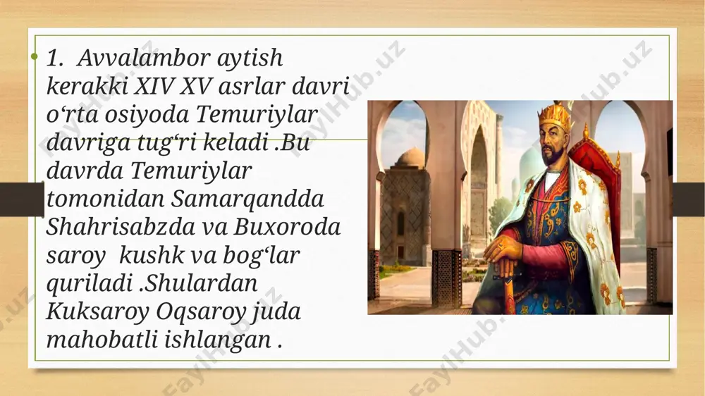 qsaroy 2..amir temur bogʻlari tuzilishiga koʻra 2 turga boʻlingan: 1) chorbogʻlar – geometrik (toʻrtburchak, toʻgʻri toʻrtburchak) shaklda boʻlib, har tomoni taxminan 1 km masofaga choʻzilgan. sahnidan oʻtgan ariqlar ularni teng 4 qismga ajratib turgan. atrofidagi baland paxsa devorlarning har burchagida minora boʻlgan. markazda saroy joylashgan. bunday bogʻlarning darvozalari shahar tarafga qaratib qurilgan; 2) tuzilishi geometrik shaklda boʻlmagan, tabiiy daraxtzor va chakalaklar bagʻrida barpo etilgan bogʻlar. bunday bogʻlar hukmdor shikor (ov) qilishi uchun moʻljallangan boʻlib, asosiy qismi tabiiy, qoʻl tekkizilmagan holda saqlangan. ularning kichik bir qismigagina dam olish uchun saroy, koʻshk va chodirlar qurilgan, hovuzlar qazilib, favvoralar oʻrnatilgan. bu turdagi bogʻlarning oʻsimlik va hayvonot dunyosi nihoyatda boy boʻlgan. bogʻi behisht. samarqandning gʻarbida suyukli xotini tuman ogʻa (xayrunniso)ga atab qurdirgan (1378). yozma manbalarda "bogʻi jannat" nomi bilan ataladi.tarixchi sharafuddin ali yazdiyning yozishicha, bogʻ oʻrtasidagi atrofi xandak bilan muhofaza etilgan sunʼiy tepalik ustida tabriz oq marmaridan kurilgan hashamatli saroy boʻlgan. saroyga bir necha …