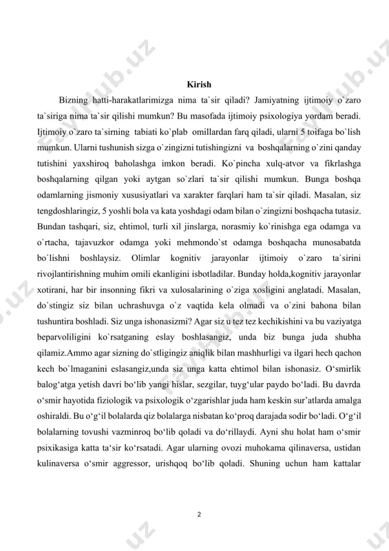 masalan, do`stingiz siz bilan uchrashuvga o`z vaqtida kela olmadi va o`zini bahona bilan tushuntira boshladi. siz unga ishonasizmi? agar siz u tez tez kechikishini va bu vaziyatga beparvoliligini ko`rsatganing eslay boshlasangiz, unda biz bunga juda shubha qilamiz.ammo agar sizning do`stligingiz aniqlik bilan mashhurligi va ilgari hech qachon kech bo`lmaganini eslasangiz,unda siz unga katta ehtimol bilan ishonasiz. o‘smirlik balog‘atga yetish davri bo‘lib yangi hislar, sezgilar, tuyg‘ular paydo bo‘ladi. bu davrda o‘smir hayotida fiziologik va psixologik o‘zgarishlar juda ham keskin sur’atlarda amalga oshiraldi. bu o‘g‘il bolalarda qiz bolalarga nisbatan ko‘proq darajada sodir bo‘ladi. o‘g‘il bolalarning tovushi vazminroq bo‘lib qoladi va do‘rillaydi. ayni shu holat ham o‘smir psixikasiga katta ta‘sir ko‘rsatadi. agar ularning ovozi muhokama qilinaversa, ustidan kulinaversa o‘smir aggressor, urishqoq bo‘lib qoladi. shuning uchun ham kattalar o‘smirlar bilan qanday muomala qilishni bilishlari kerak. chunki ular o‘zlari bilan xuddi kattalardek muomala qilishlarini xohlashadi. yoshlarning intellektual va ijodiy salohiyatini rivojlantirish, iqtidorli bolalarni qo‘llab-quvvatlash va …