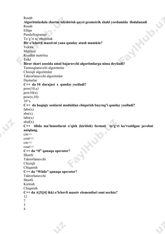sf(x) c++ tilida ma’lumotlarni o’qish (kiritish) formati to‘g‘ri ko‘rsatilgan javobni aniqlang. cin>> cout > c++ da “if” qanaqa operator? shartli takrorlanuvchi chiziqli chiqarish c++ da “while” qanaqa operator? takrorlanuvchi shartli kiritish chiqarish c++ da a[3][4] ikki o’lchovli massiv elementlari soni nechta? 12 7 3 4 c++ da quyidagi operatorlar ketma-ketligi bajarilishi natijasida ekranga nima chiqadi? int a=5; int b=a+ (a++); cout ; else ; if ; if else if ( ) then ; else ; c++ da tanlov operatori qanday yoziladi? switch cin cout return c++ dagi kod ekranga nima chiqaradi? int a = 5; cout ; ; ) for( , , ) for( ) for( ; ) c++ tilida ma’lumotlarni ekranga chiqarish formati to‘g‘ri ko‘rsatilgan javobni toping. cout > cout>> cin 5; z = 3; y = x – z; z = 2 * y + 3; x > 5; y = x – z; z = 2 * …